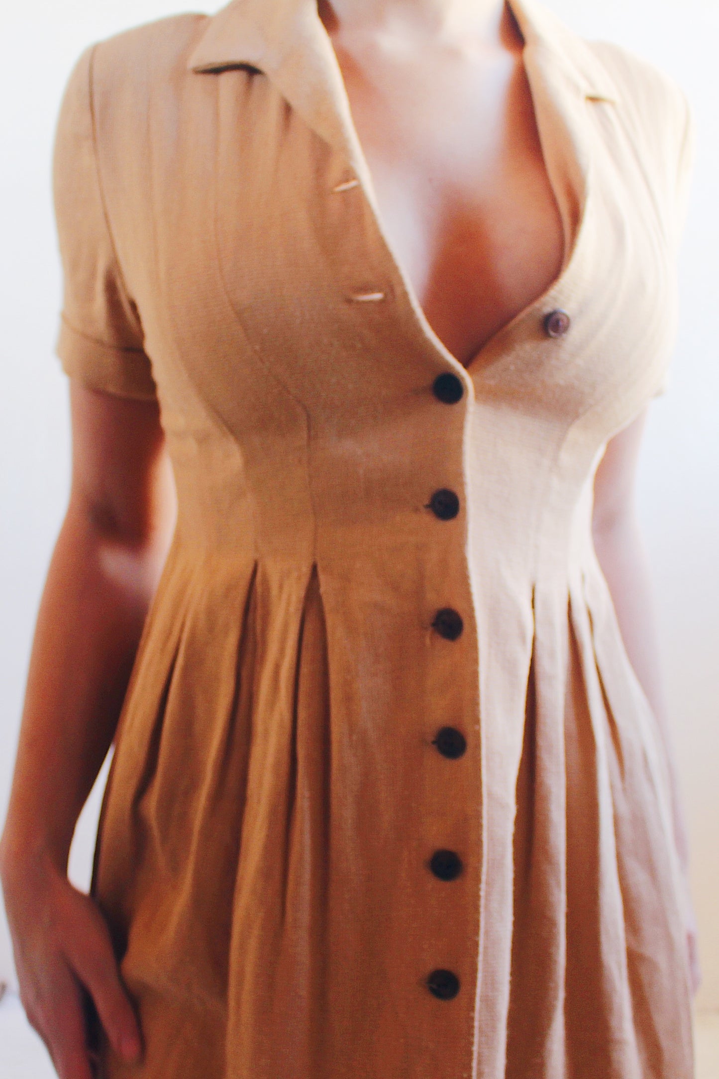 Timeless Linen: 1980s Short Sleeve Minimalist Tan linen-Blend A-Line Dress