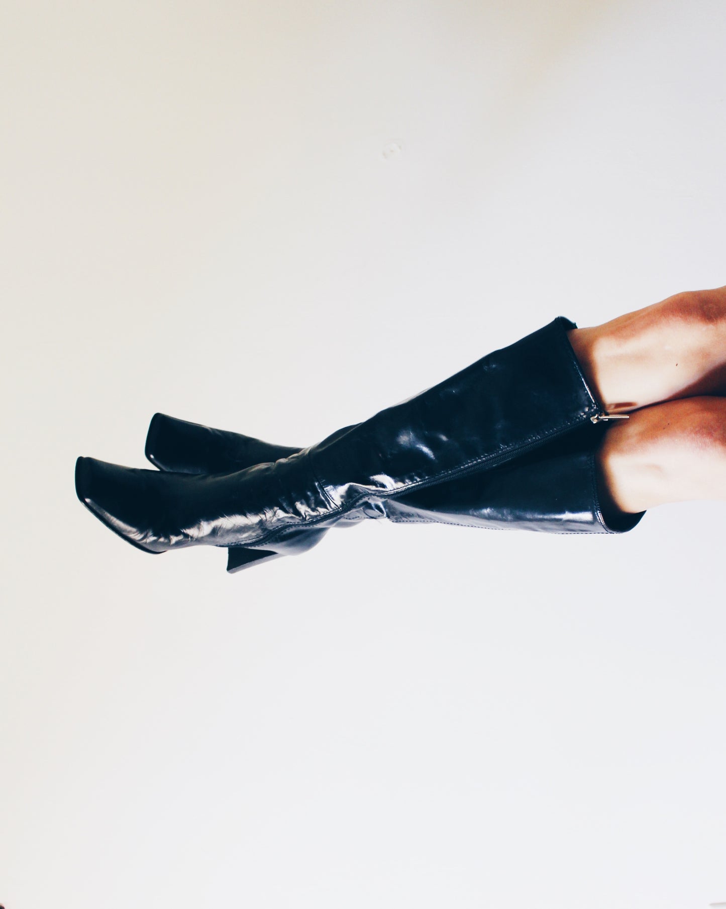 y2k Square Toe: Vintage Black Leather Nine West-Heeled Boots - Calf-Length Librarian Chic Shoes