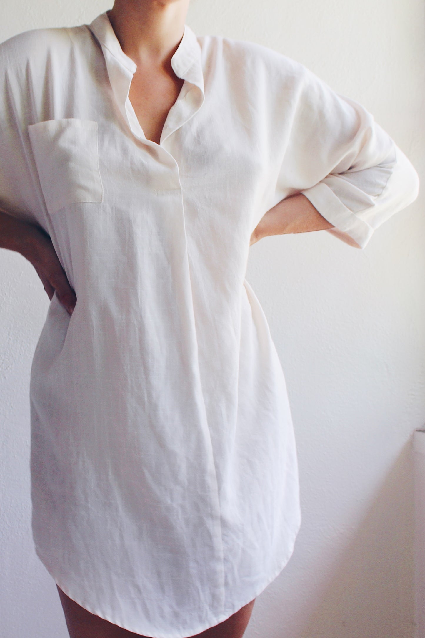 Vintage 3/4 Sleeve Cream Cotton Shirt Dress - Minimalist Tunic | Lightweight Boho American Gothic Style | Perfect for Layering