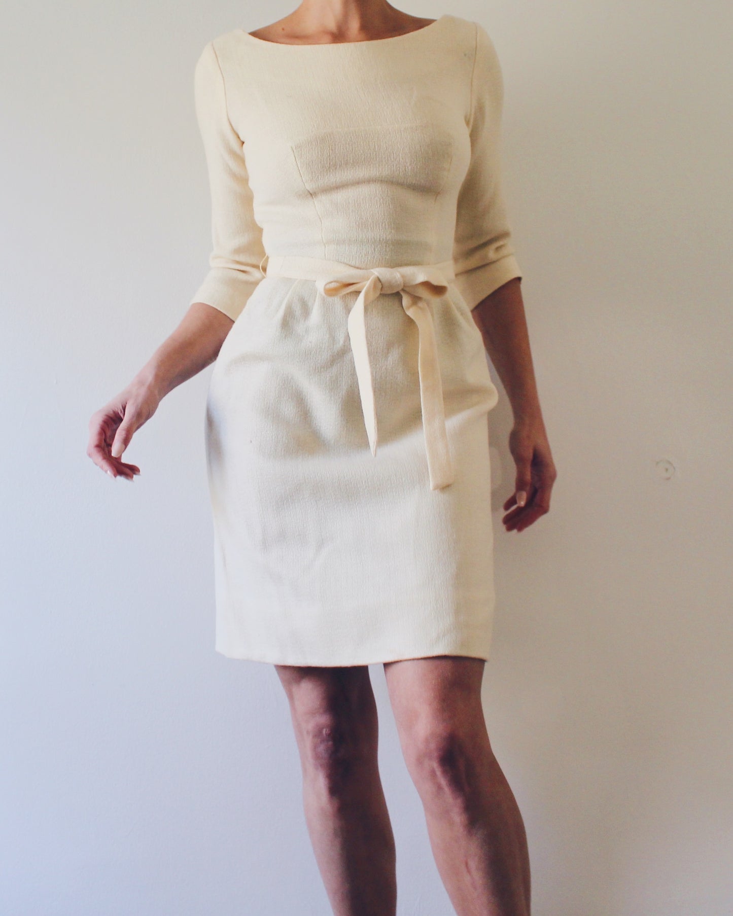 Vintage 60s Cream Wool Dress – Mod Midi with Bow Waist, ¾ Sleeves, Mad Men Style, Sophisticated Retro