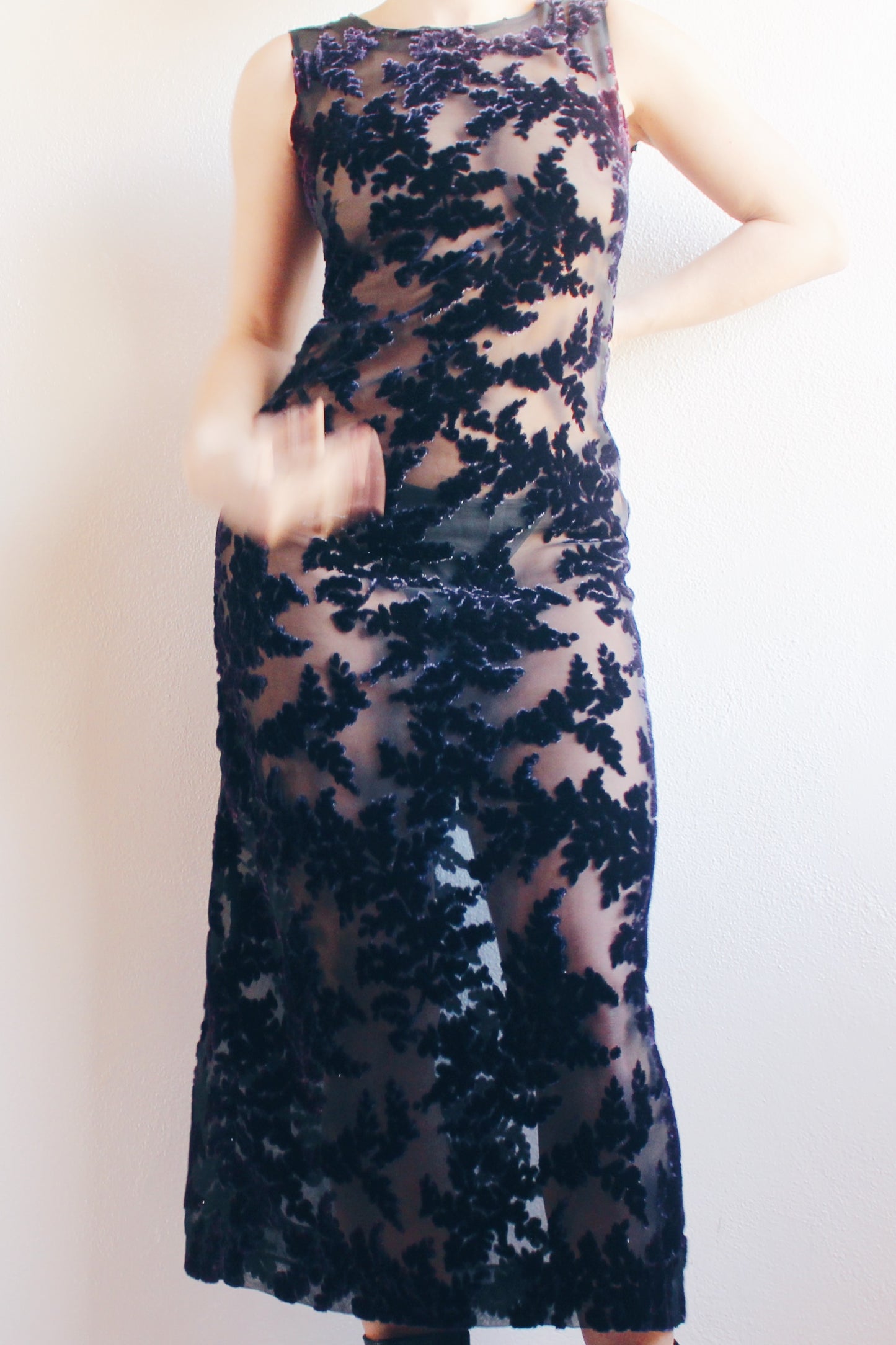 Gothic Elegance: Upcycled Sheer Long Dress with Dark Navy Velvet Florals for Burnout Bliss