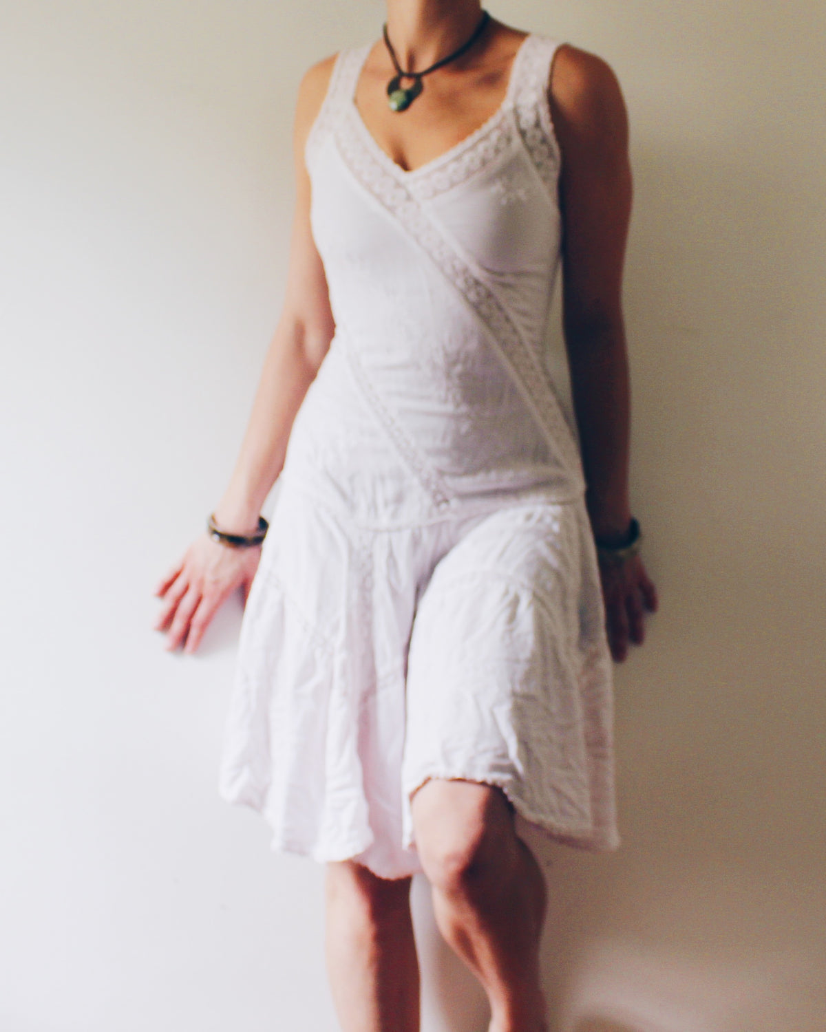 Vintage 90s Coline Whimsygoth Dress, Off White Cotton Floral Embroidered Lace Patchwork, Drop Waist Hippie Boho Dress