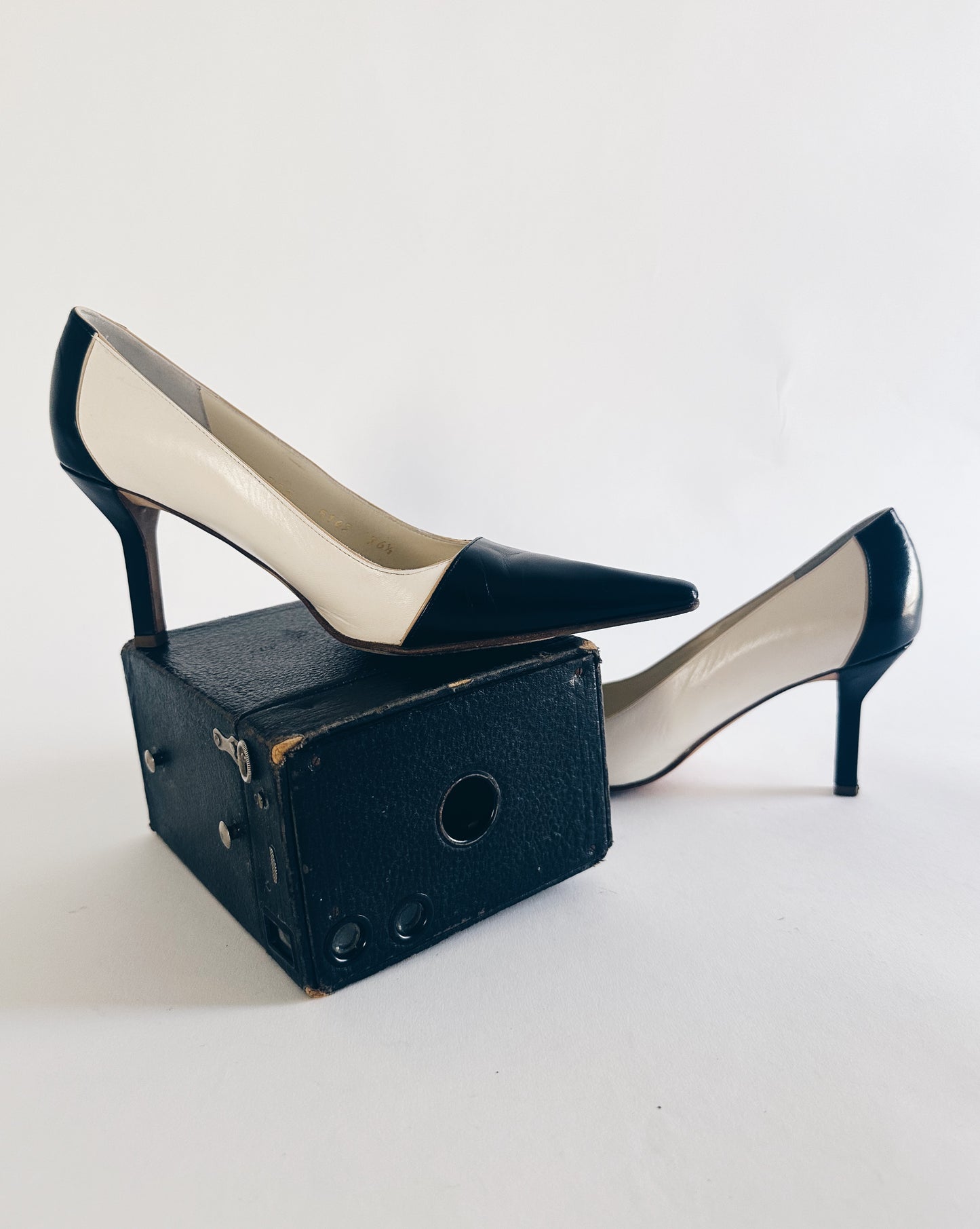 Vintage Chanel Black & White Cap Toe Pointed Heels – Iconic Two Tone Stiletto Pumps | Classic Designer Shoes