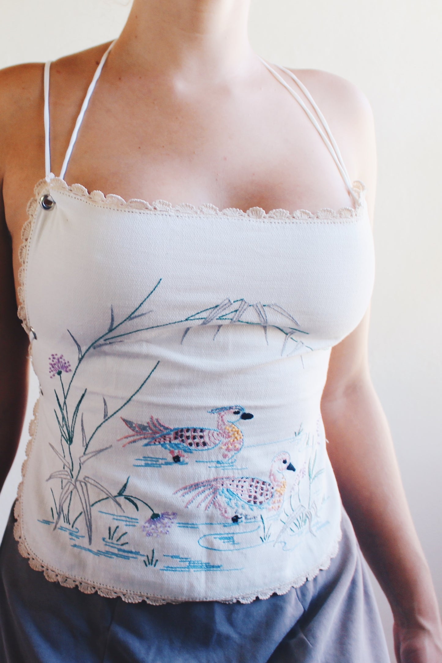 Upcycled vintage doily Tank / White cotton Reworked Fashion crop top / Floral Nature Cross Stitch Cami