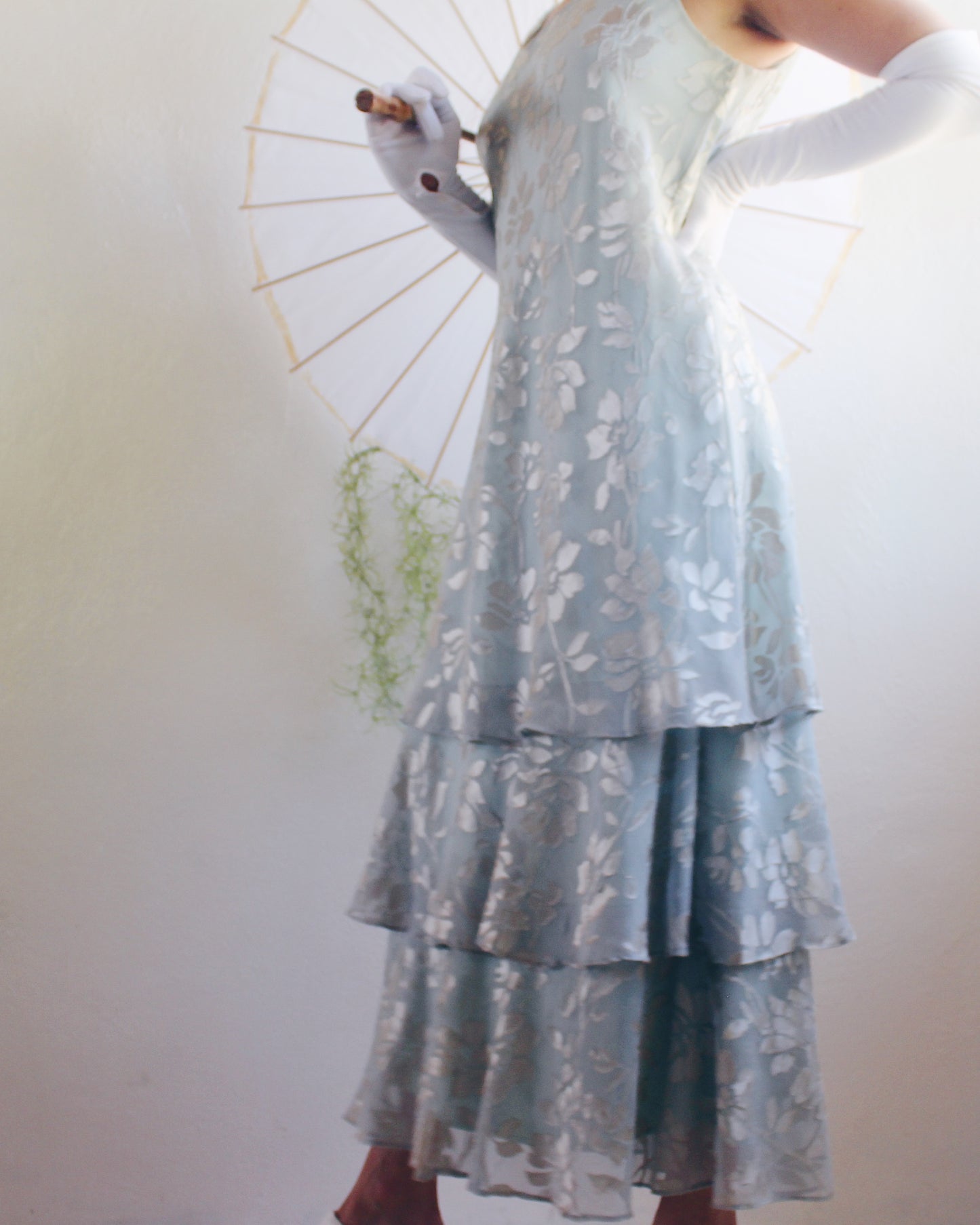 Vintage 90s Light Green Tiered Floral Maxi Dress – Ethereal Spring Cottagecore Fairycore Gown