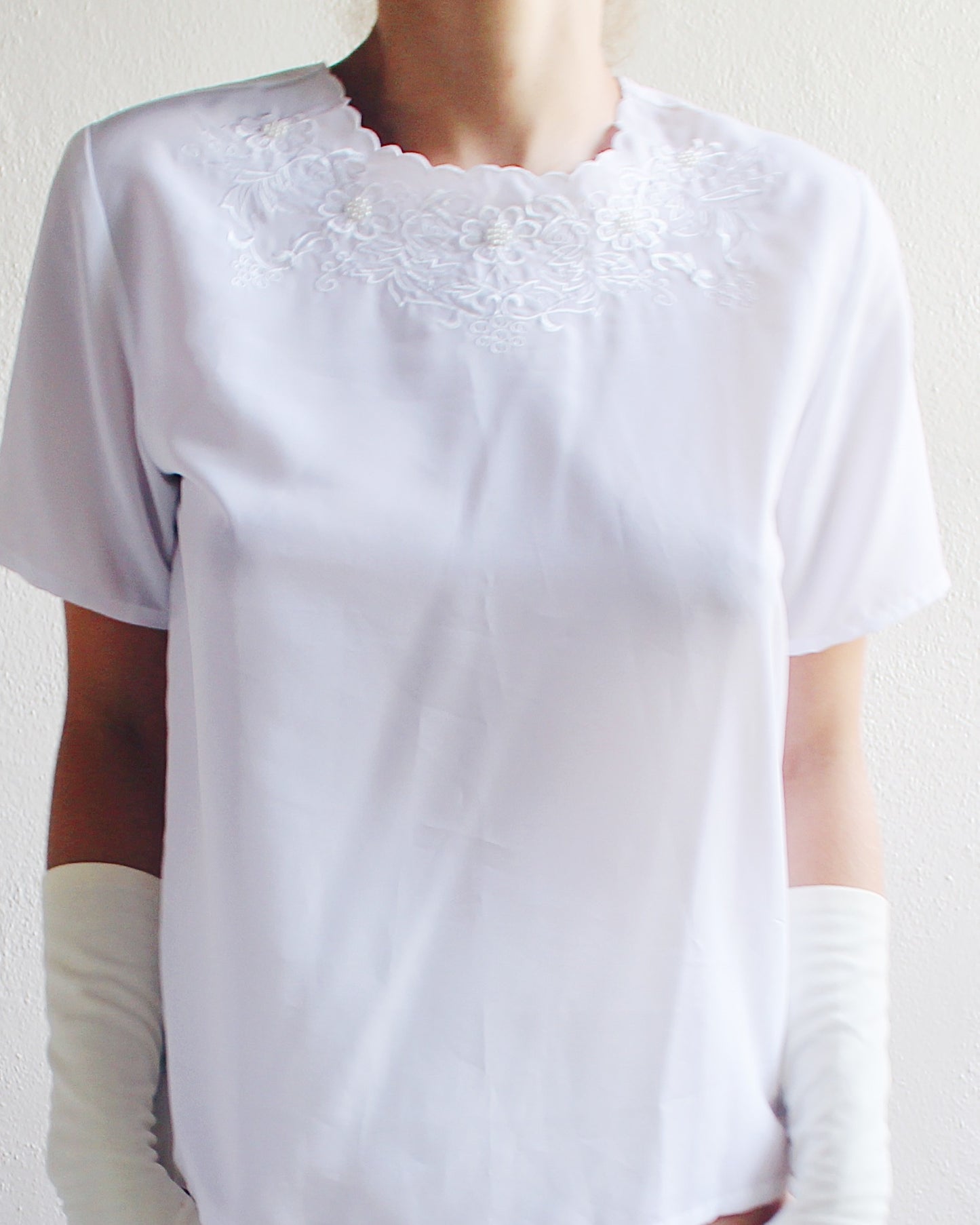 White Pearl Beaded Embroidered Vintage Revival Blouse - 1980s Frou Frou Coquette Edwardian Style Shirt