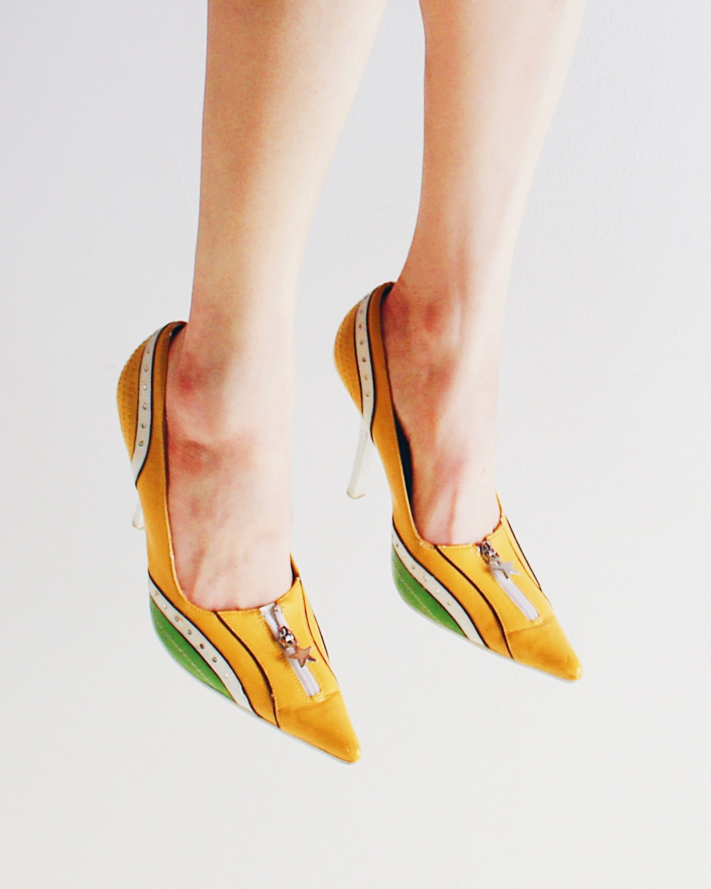 Vintage Y2K Yellow Green Stiletto Heels | Rhinestones & Mock Zipper | Sporty Statement Pointed Toe Pumps