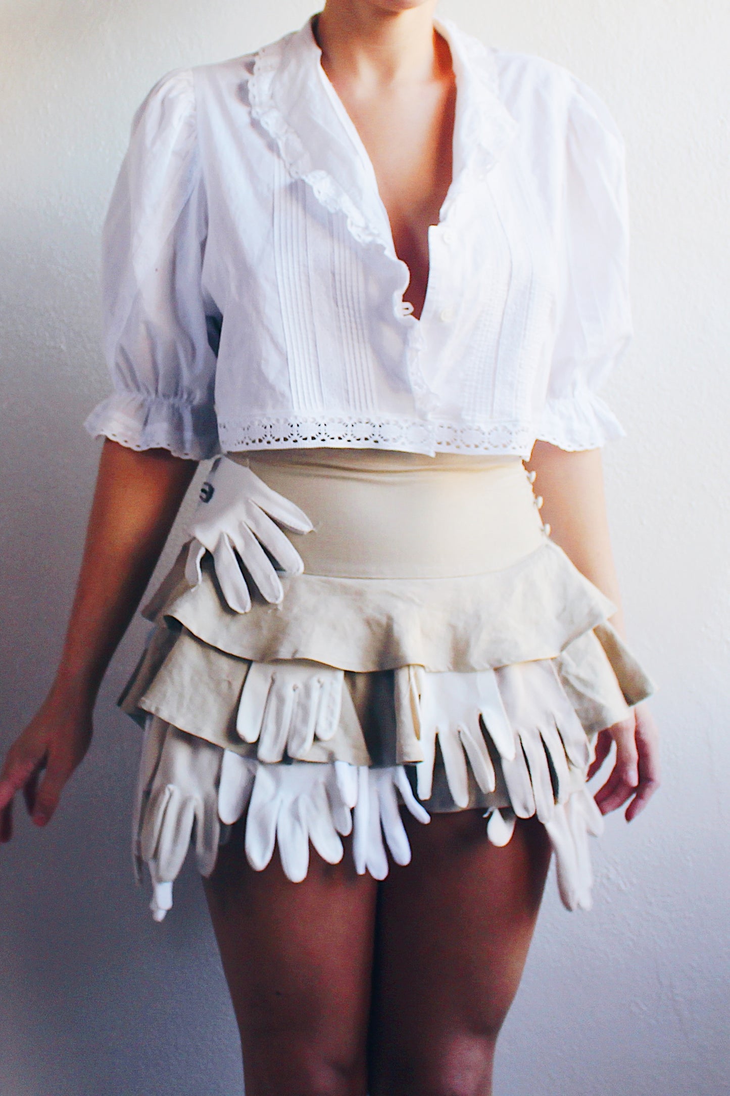 Prairie Whimsy Revived: Upcycled Cropped Cotton Blouse with Eyelet Ruffles and Lace