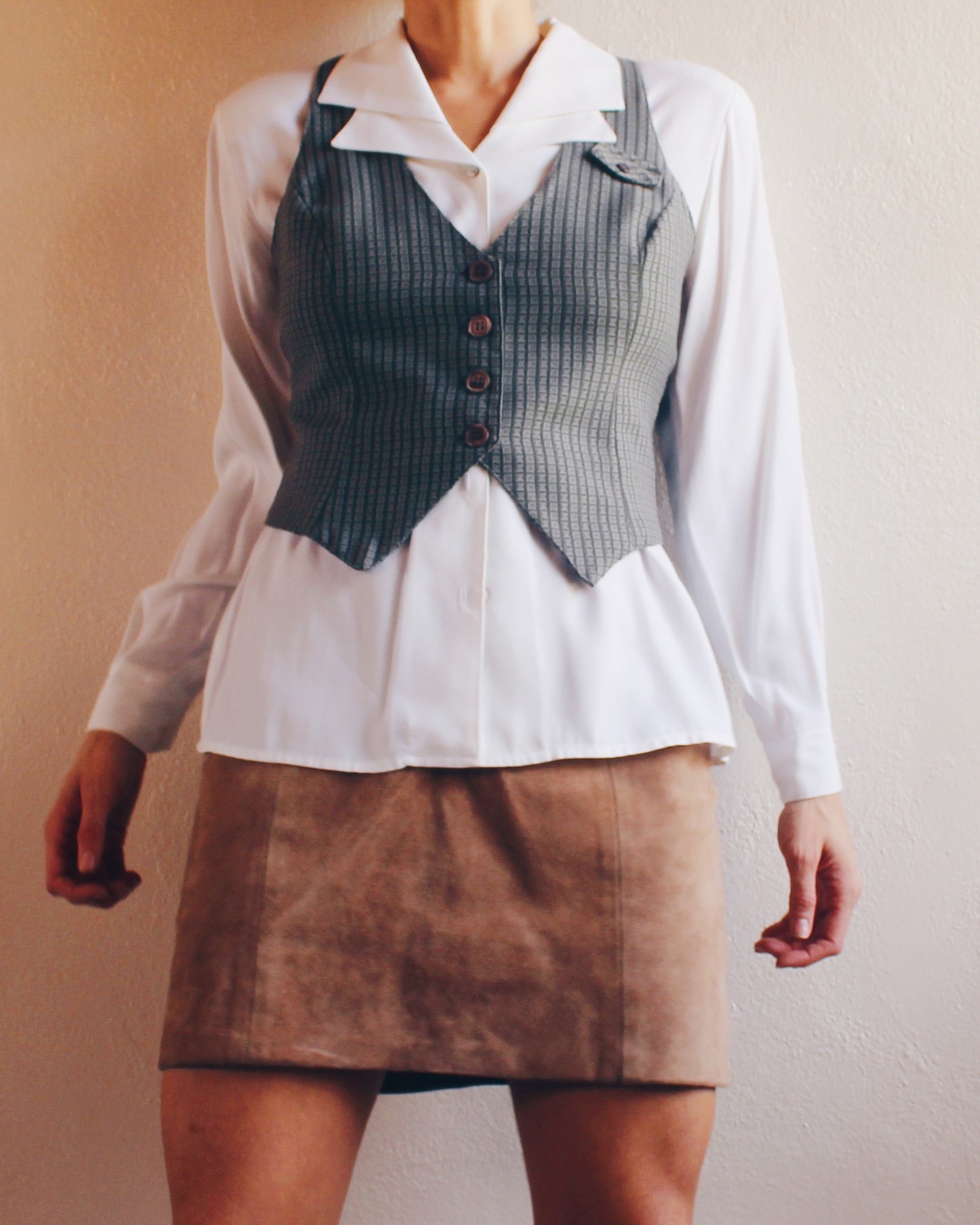High Waisted Tan Leather Skirt – Vintage Minimalist Chic, Dress Up or Layer