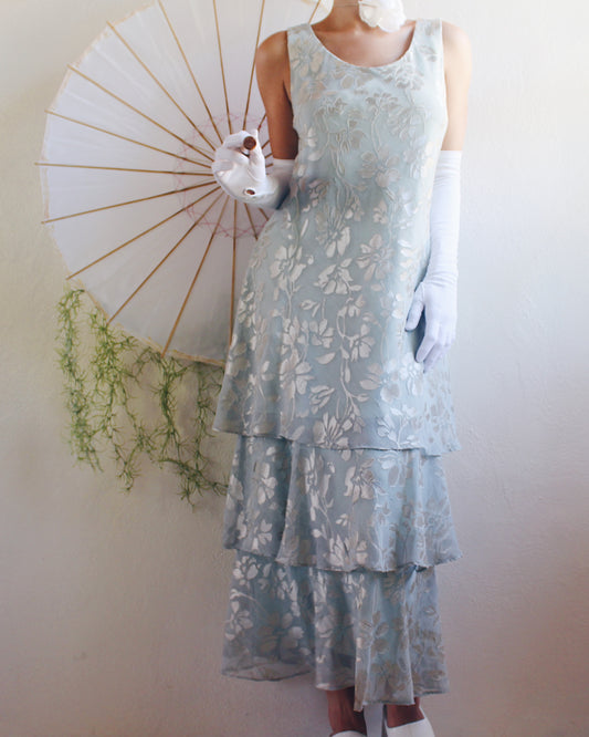 Vintage 90s Light Green Tiered Floral Maxi Dress – Ethereal Spring Cottagecore Fairycore Gown