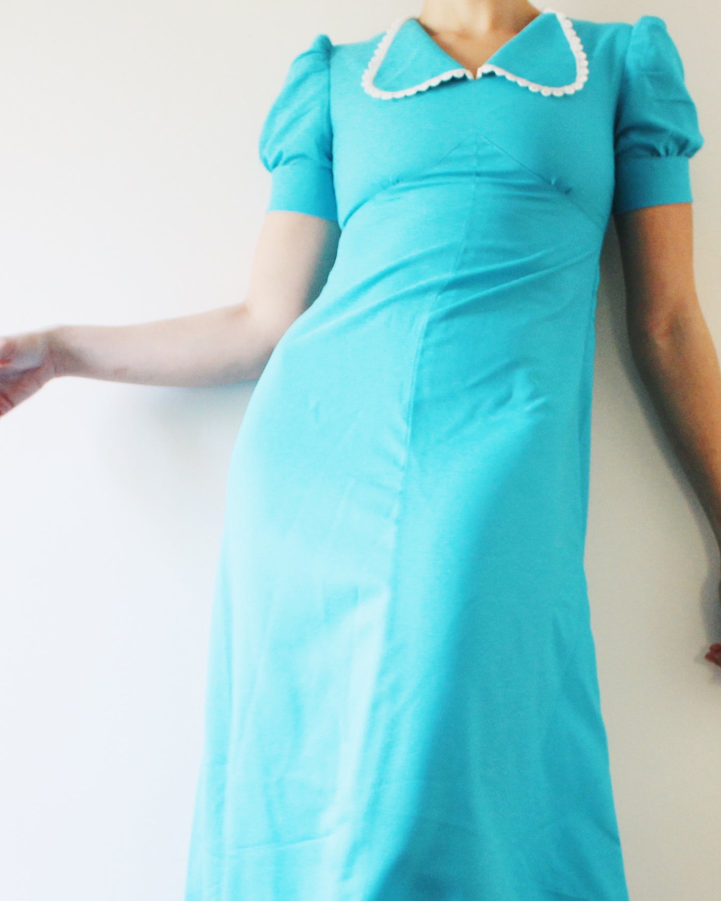 Vintage 1970s Bright Blue Dress | Handmade Maxi Dress with Scalloped Collar | Coquette Puff Sleeve Cottagecore Prairie Style