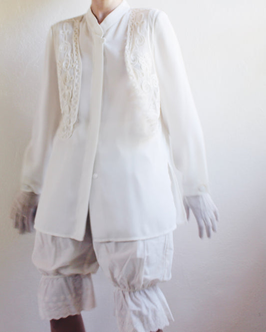 Ivory Vintage Long Sleeve Button Up Blouse with Attached Embroidered Vest - 90s Bohemian Renaissance Style | Cottagecore Fashion