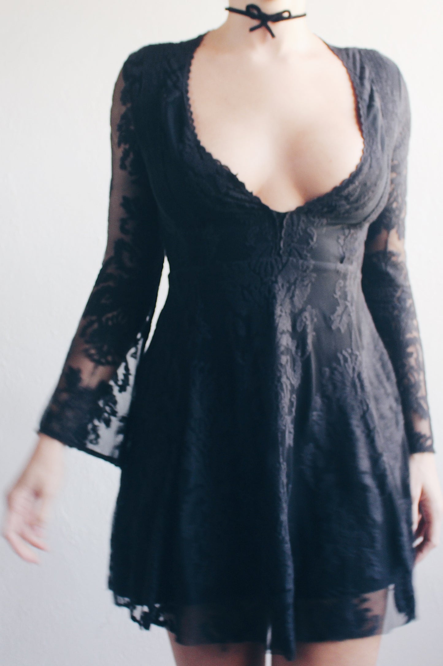 Ethereal Elegance: Vintage Black Lace Bell Sleeve Dress for Your Dark Victorian Dreams