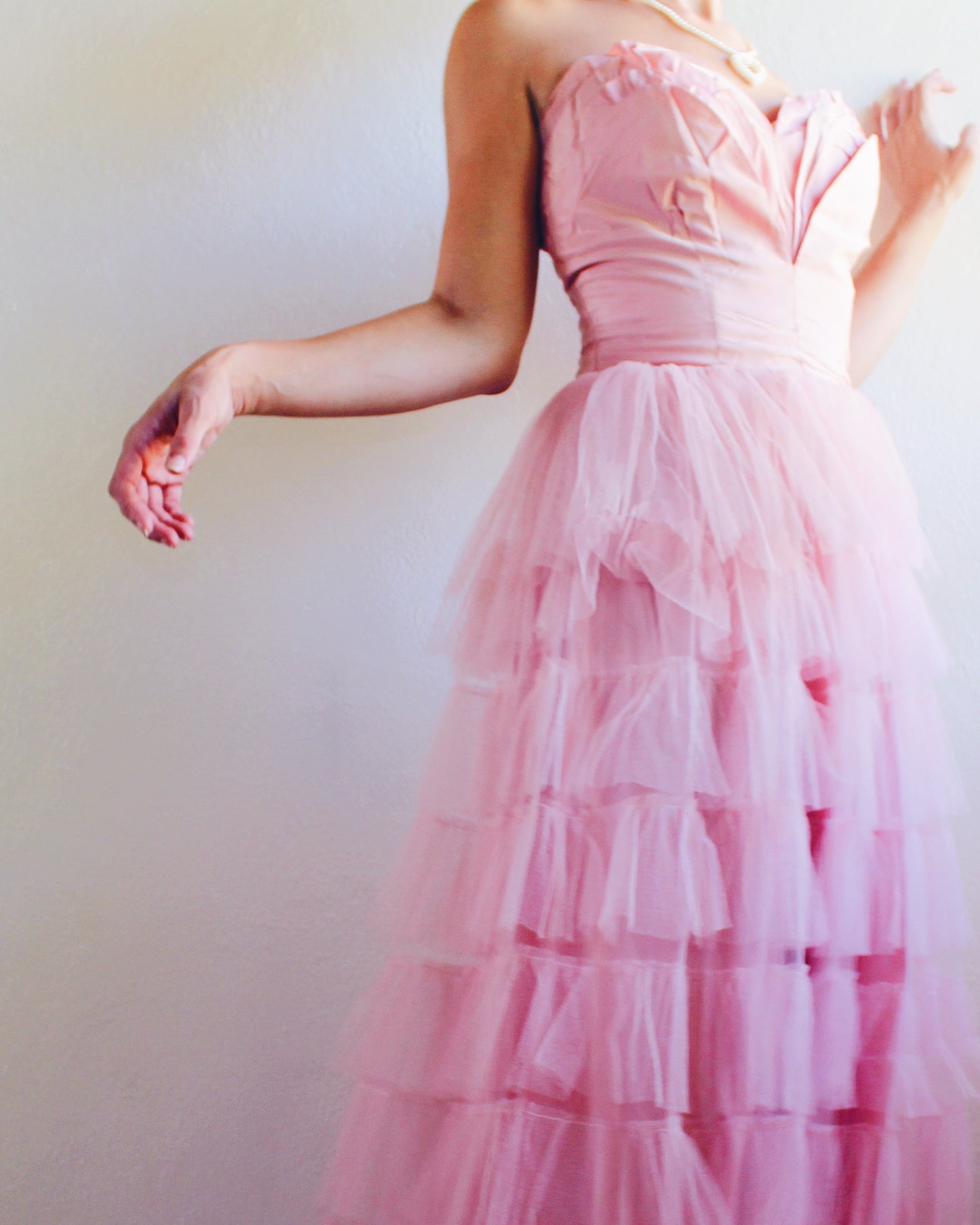 Vintage 1960s Coquette Pink Tiered Tulle Gown – Strapless Bombshell Prom Dress | Ultra-Girlie Princess Statement Piece
