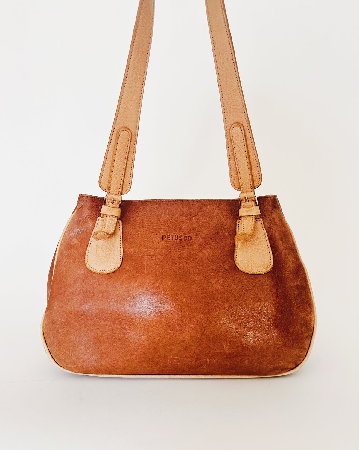 Vintage 90s Petsuco Tan Brown Leather Purse, Wabi Sabi Aged Leather Patina, Classic Retro Handbag, Earthy Neutral Everyday Bag