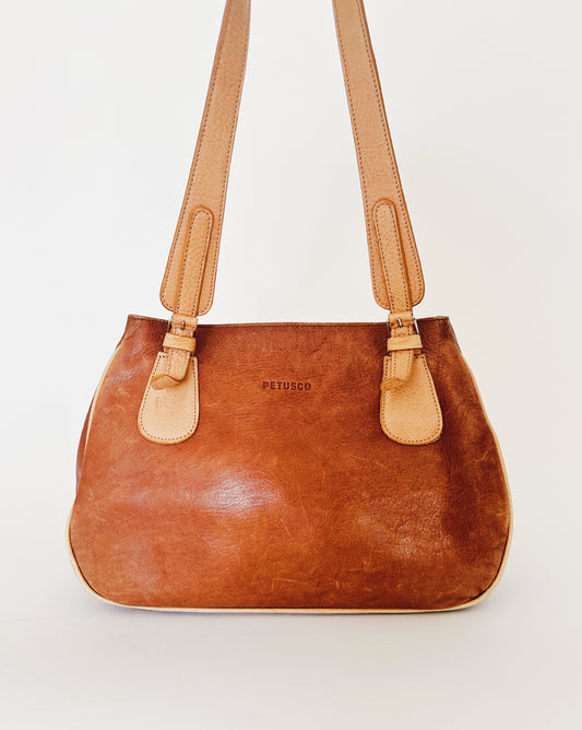 Vintage 90s Petsuco Tan Brown Leather Purse, Wabi Sabi Aged Leather Patina, Classic Retro Handbag, Earthy Neutral Everyday Bag