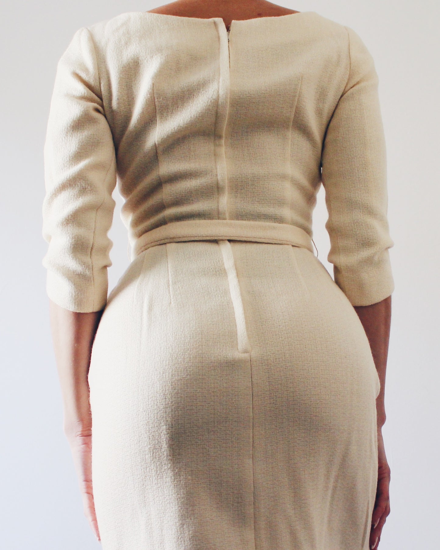 Vintage 60s Cream Wool Dress – Mod Midi with Bow Waist, ¾ Sleeves, Mad Men Style, Sophisticated Retro