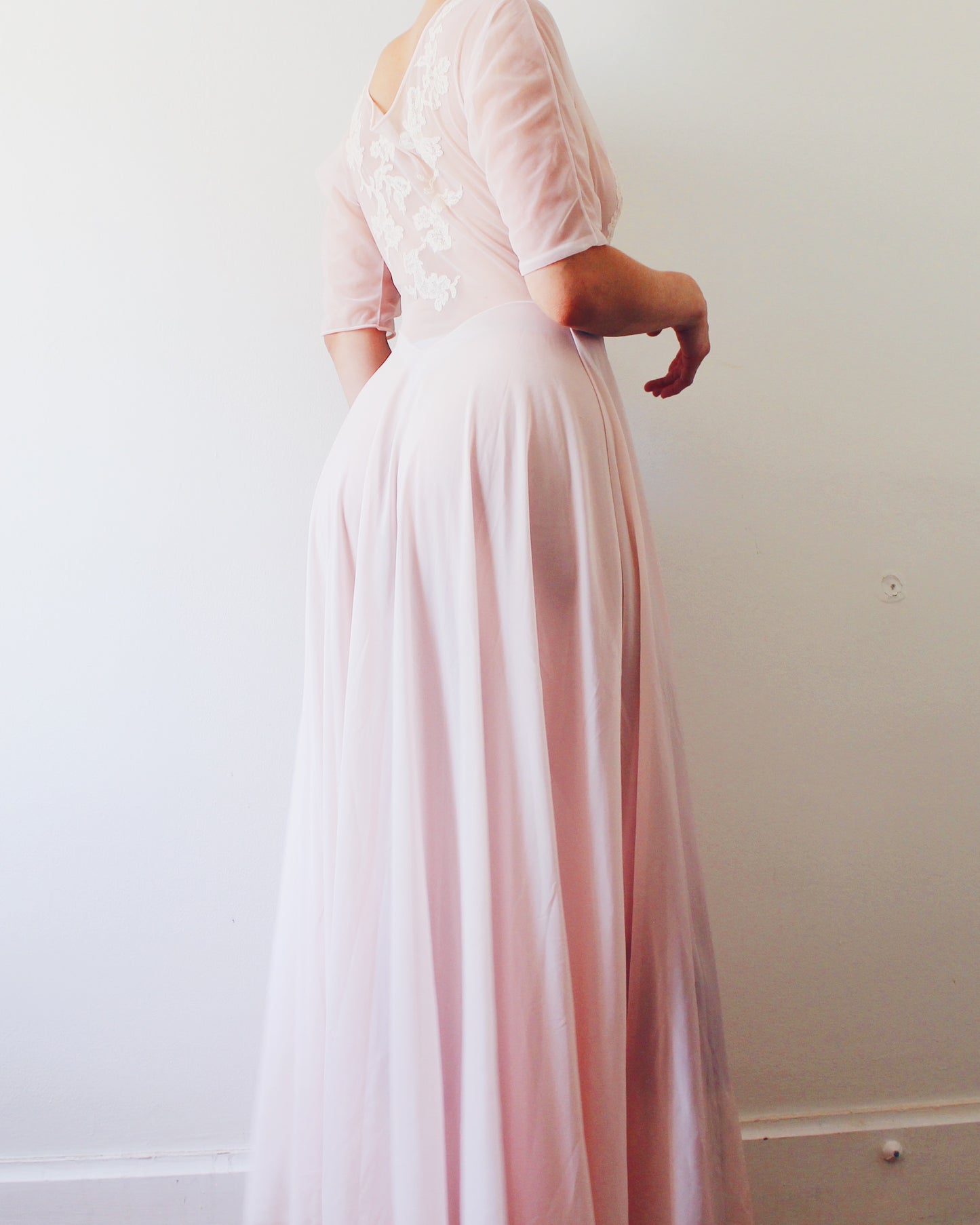 Vintage Vanity Fair Sheer Pink Nightgown S | 1950s Boudoir Lingerie Gown Embroidered Lace | A-Line Long Sheer Nightgown 3/4 Sleeve