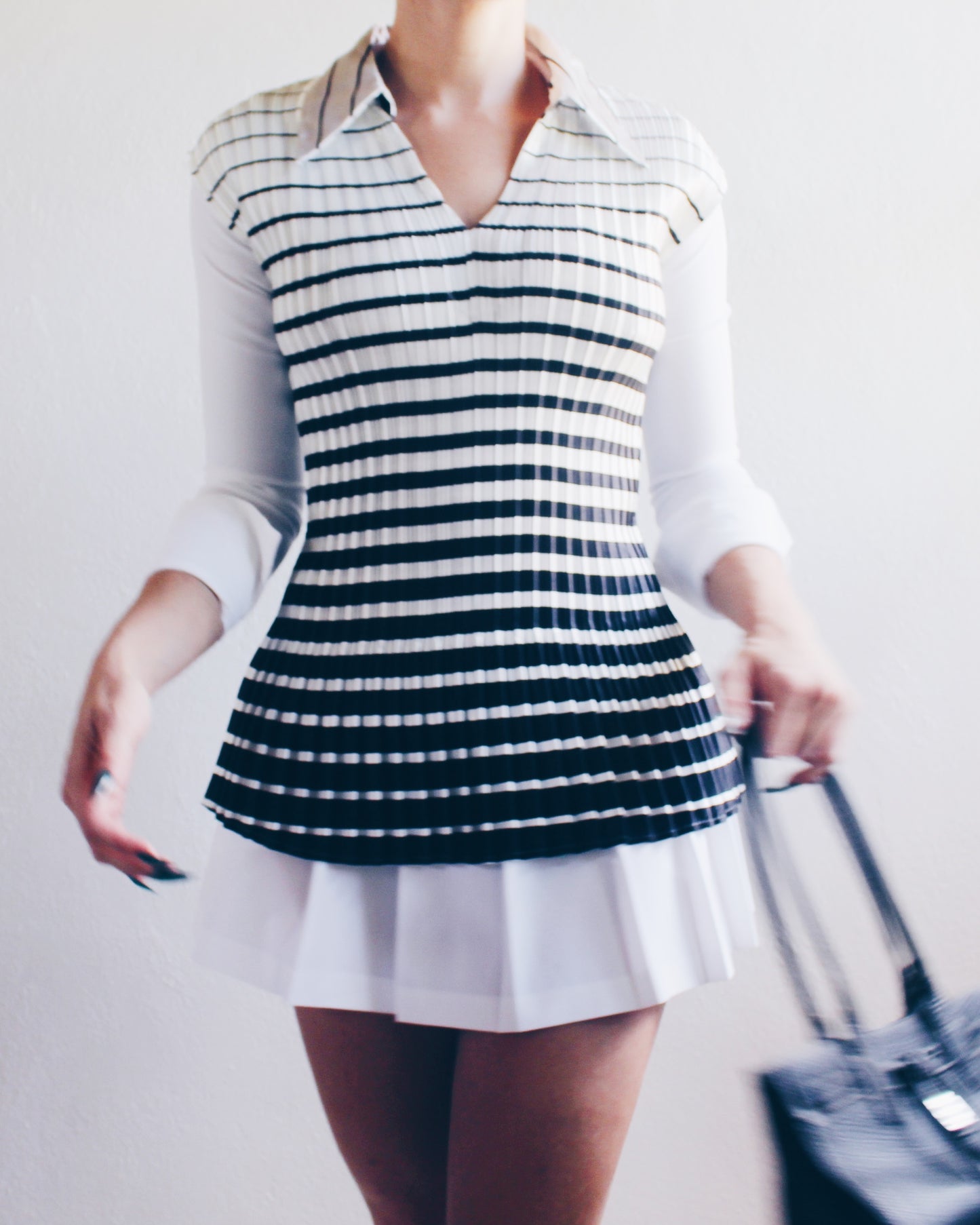 Striped Black and White Pleated Shirt with Collar – Micro Pleats Inspired by Issey Miyake | Chic Office Wear