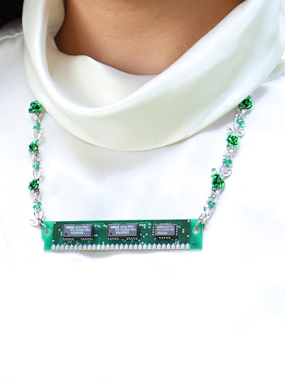 Futuristic Cyber Chic: Green Circuit Board Upcycled Flower Necklace