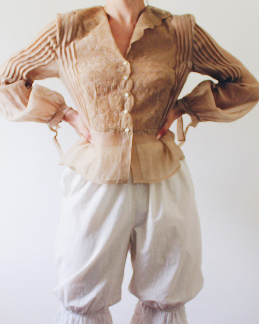 NIC+ZOE Tan Sheer Blouse Medium | Embroidered Floral Victorian Soft Goth Top | Micropleat Sleeve Scalloped Hem Button Up