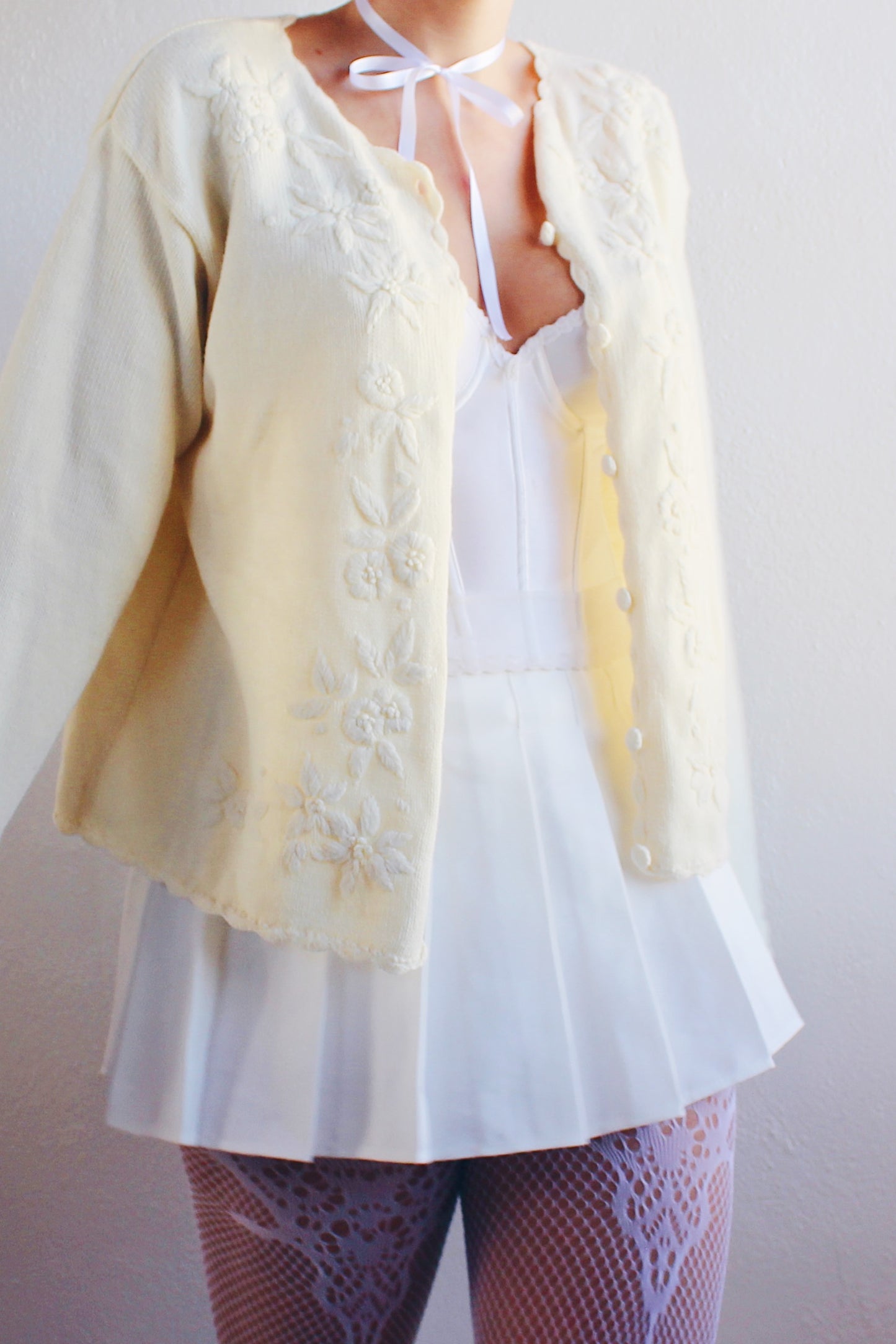 Vintage Cream Knit Floral Coquette Cardigan | 1980s Retro Flower Sweater | Cozy Kawaii Chic