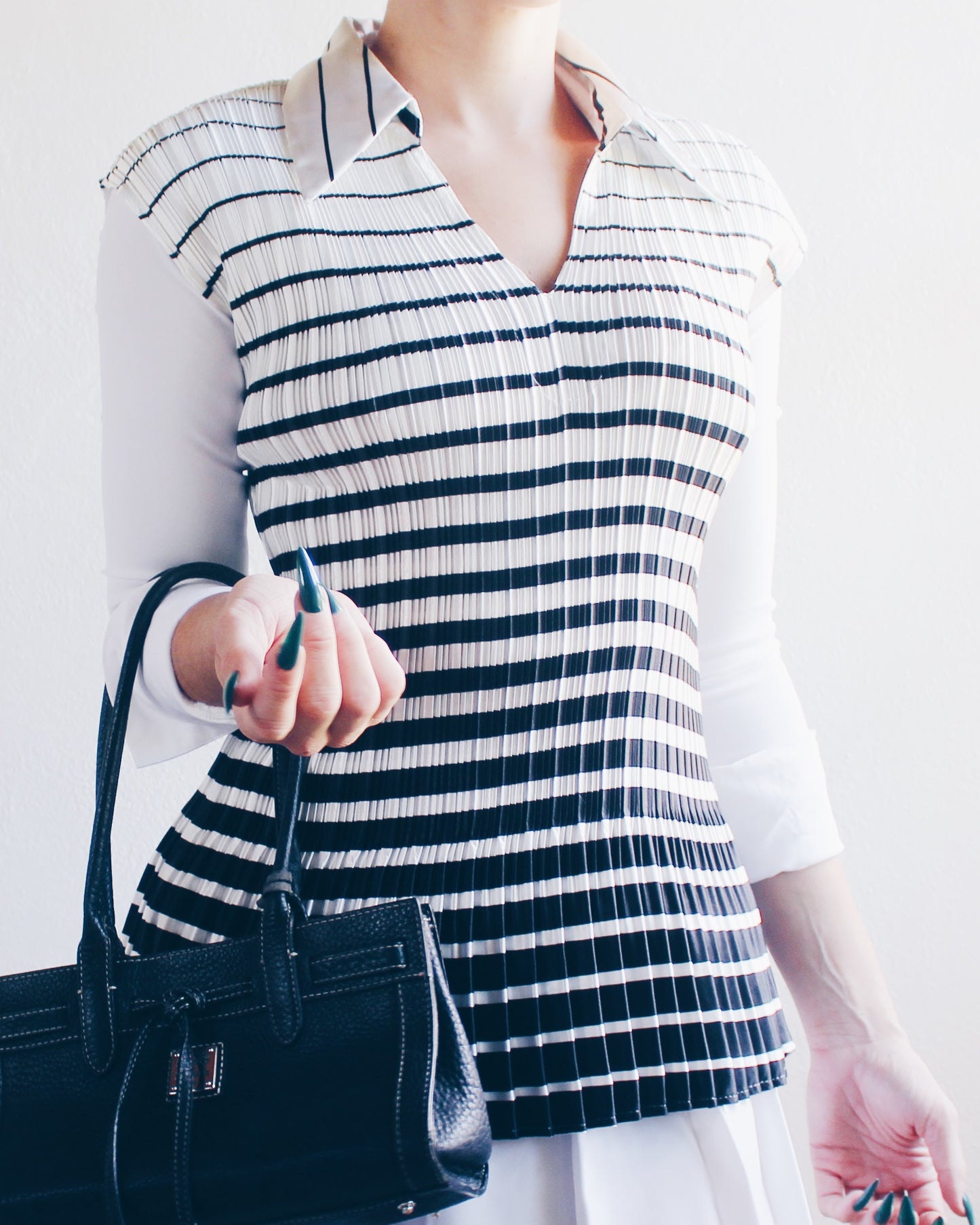 Striped Black and White Pleated Shirt with Collar – Micro Pleats Inspired by Issey Miyake | Chic Office Wear
