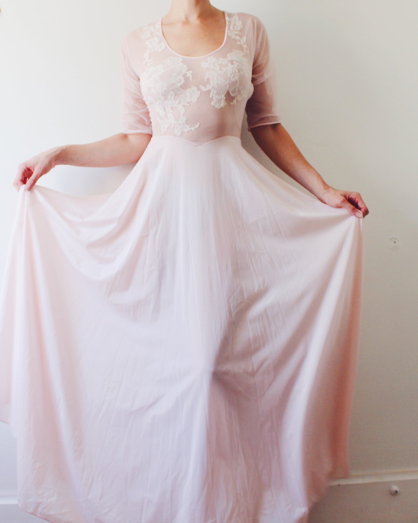 Vintage Vanity Fair Sheer Pink Nightgown S | 1950s Boudoir Lingerie Gown Embroidered Lace | A-Line Long Sheer Nightgown 3/4 Sleeve