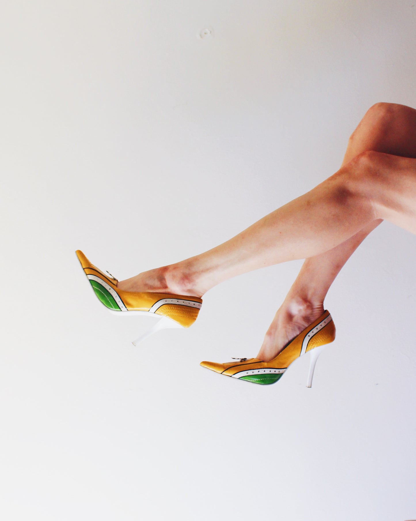 Vintage Y2K Yellow Green Stiletto Heels | Rhinestones & Mock Zipper | Sporty Statement Pointed Toe Pumps
