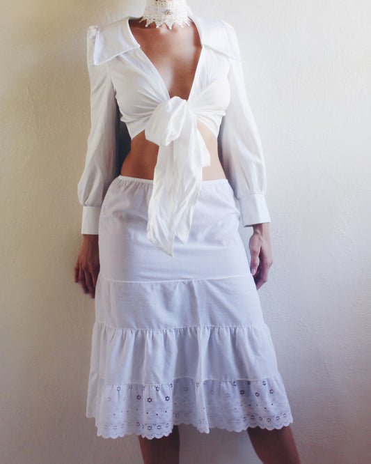 Vintage White Cotton Slip Skirt with Lace Hem – Boho Cottagecore Layering Essential