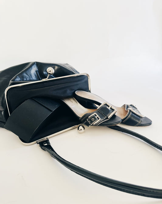 Black Giant Faux Leather Coin Purse Handbag with Silver Clasp – Bold Statement Piece
