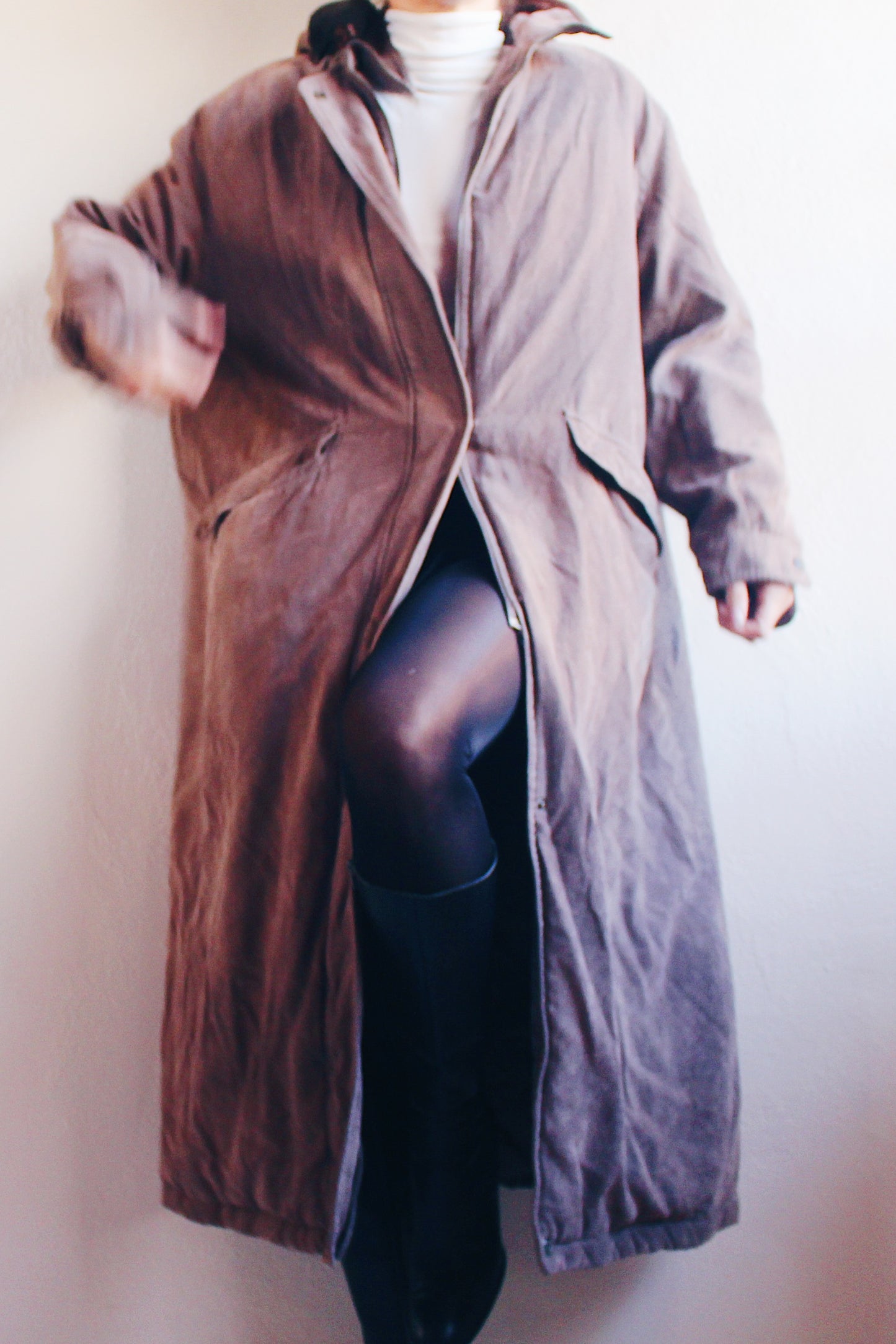 Timeless Elegance: 1980s Chic Long Brown Winter Coat with Faux Fur Hood