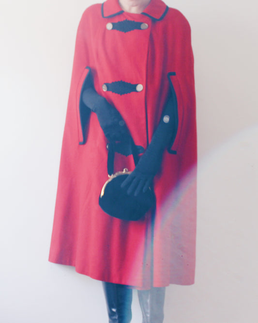 Vintage Tyrolean Loden Co Red and Black 100% Wool Cloak Cape, Poncho Made in Vienna by Erka, Handcrafted Austrian Winter Cape Cloak