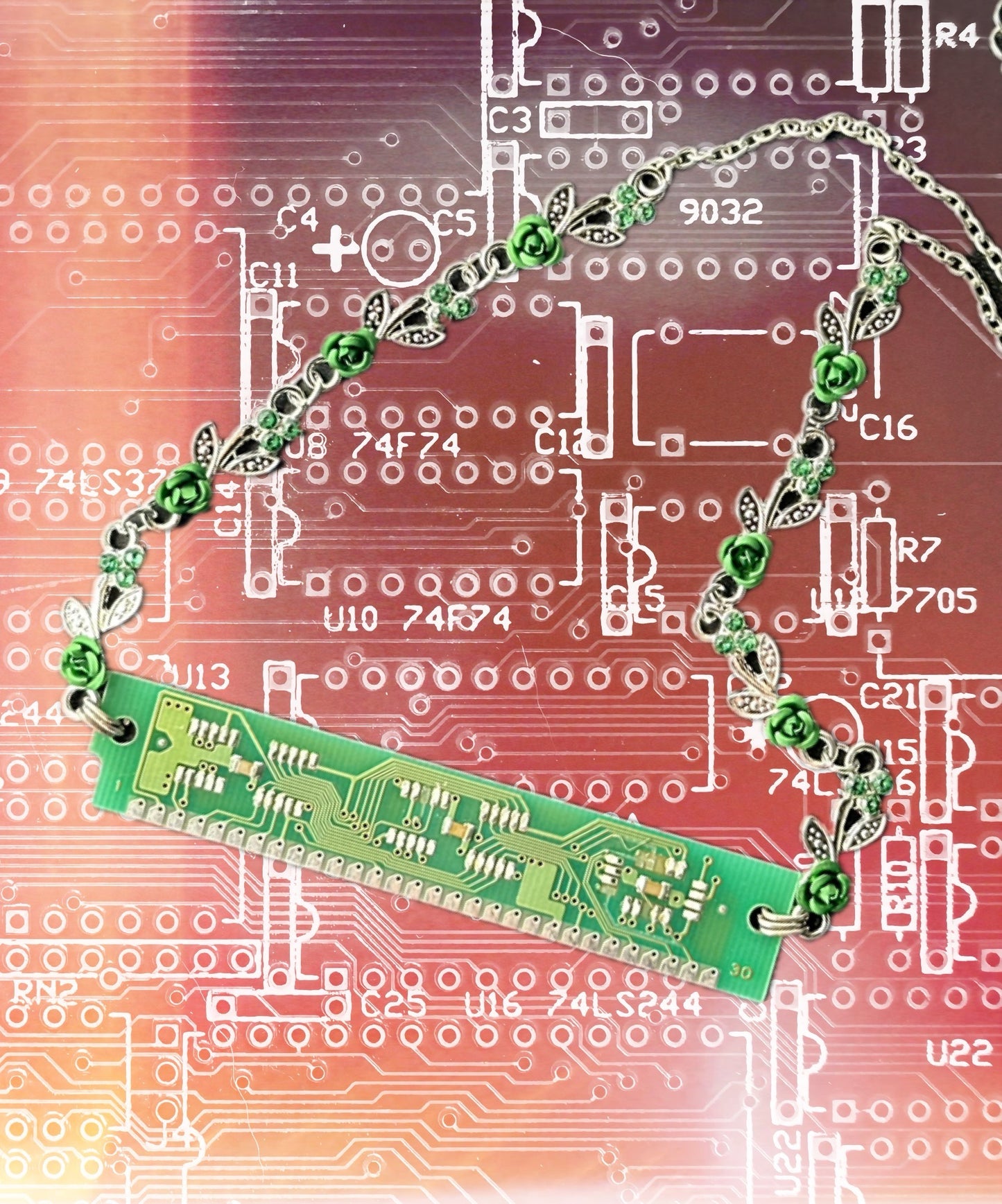 Futuristic Cyber Chic: Green Circuit Board Upcycled Flower Necklace