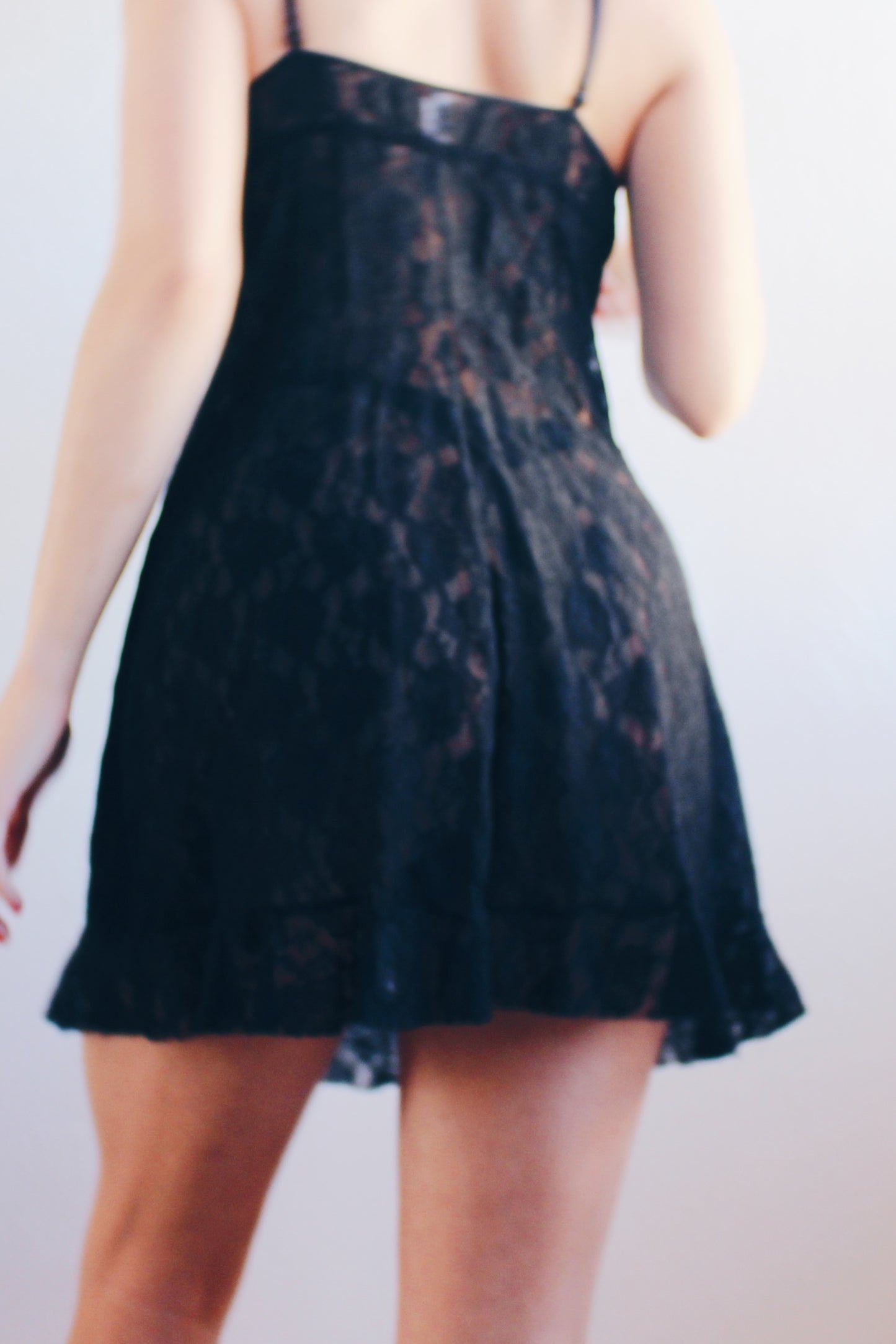 Seductive Black Lace Sheer Mini Dress with Ruffled Bust | Coquette Romantic Style