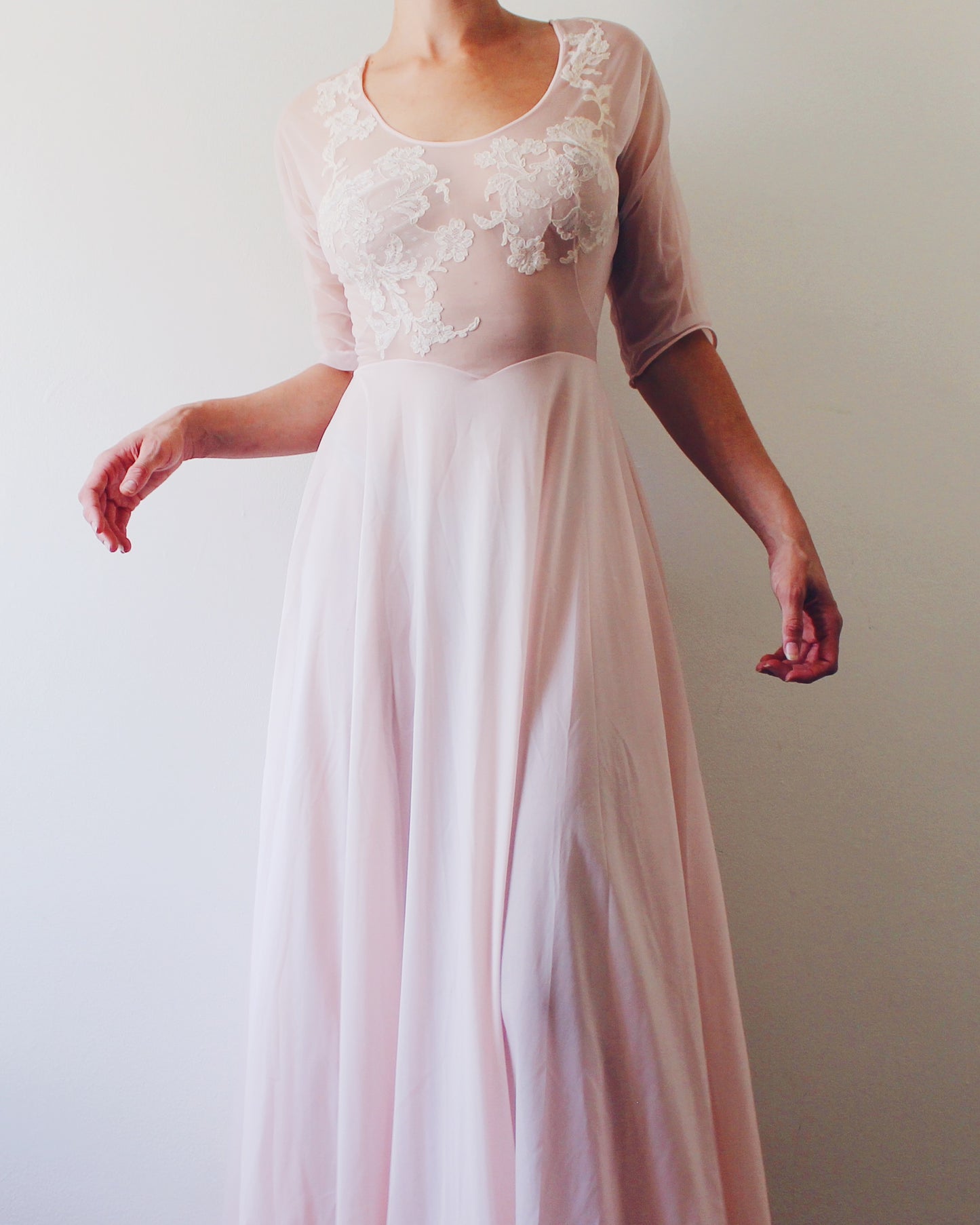 Vintage Vanity Fair Sheer Pink Nightgown S | 1950s Boudoir Lingerie Gown Embroidered Lace | A-Line Long Sheer Nightgown 3/4 Sleeve