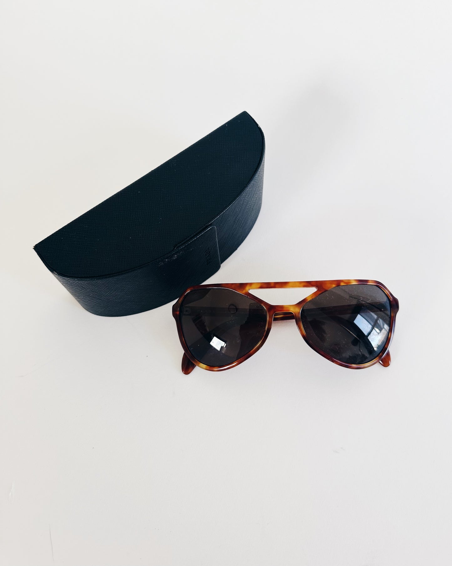 Vintage Prada Tortoise Shell Sunglasses – 70s Inspired Brown Designer Shades with Leather Case