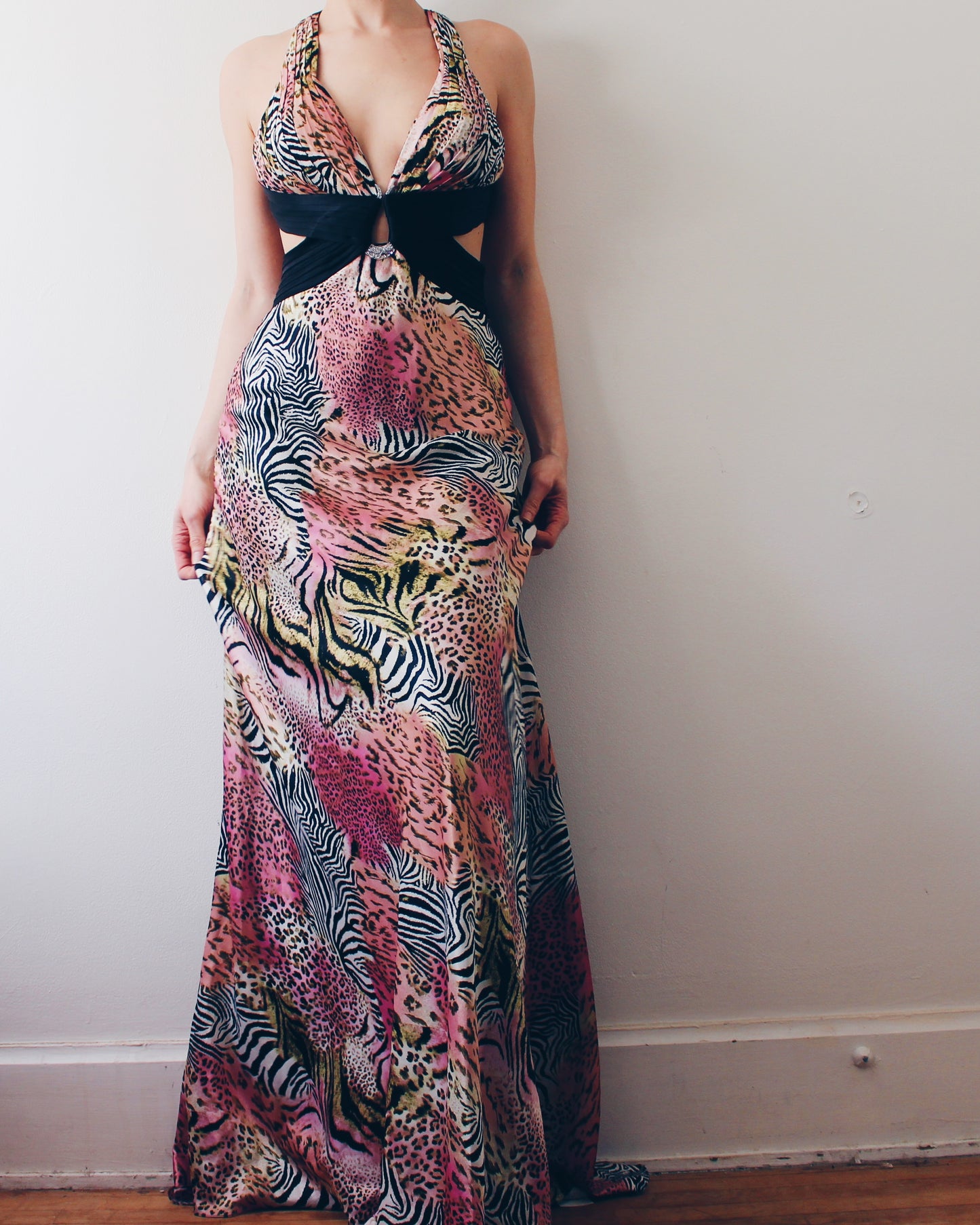 Vintage Y2K Black & Pink Zebra Print Prom Dress – Open Back Animal Print Statement Dress