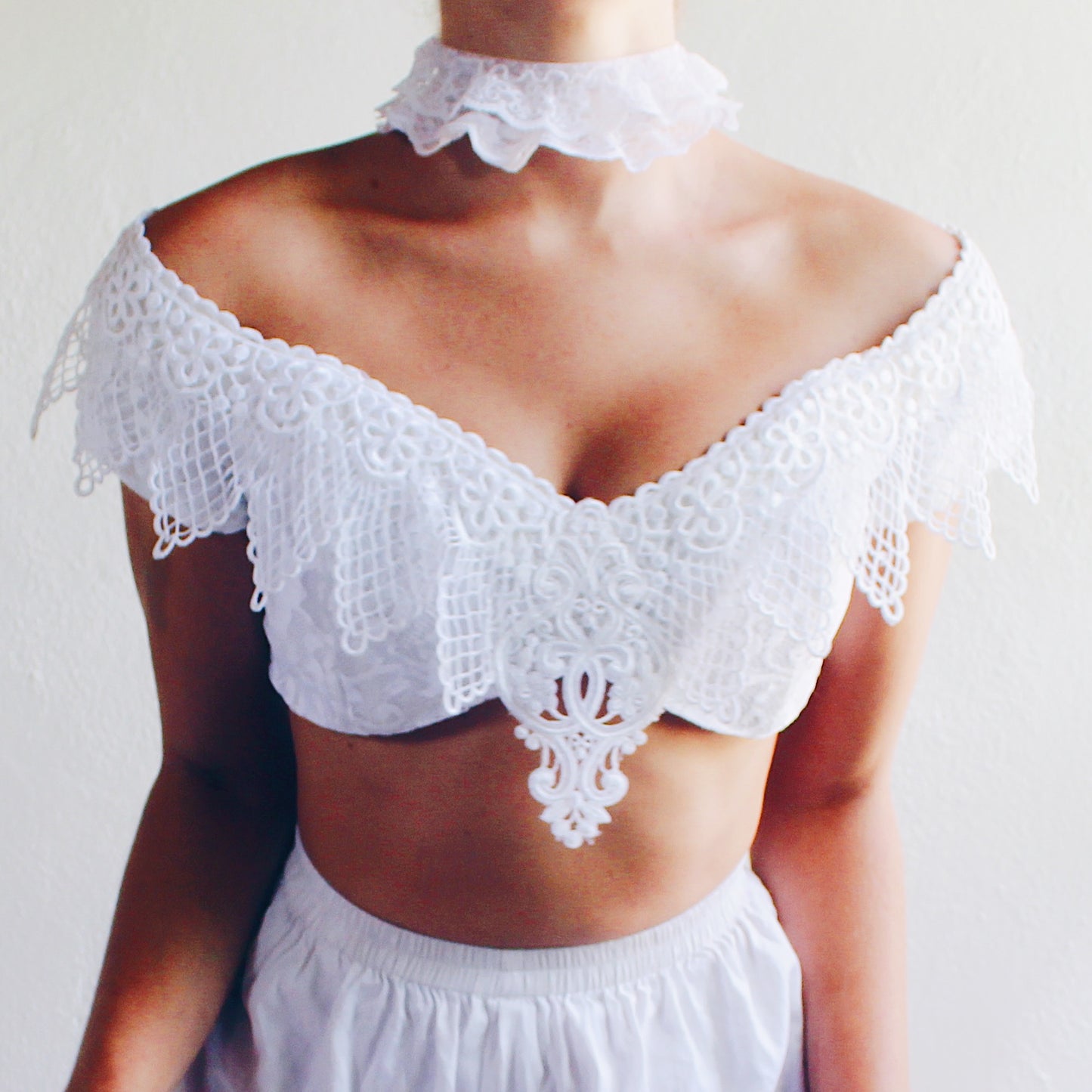 Reworked Vintage Bridal: Off the shoulder Lace Coquette cropped top / McClintock upcycled reversible reimagined dress