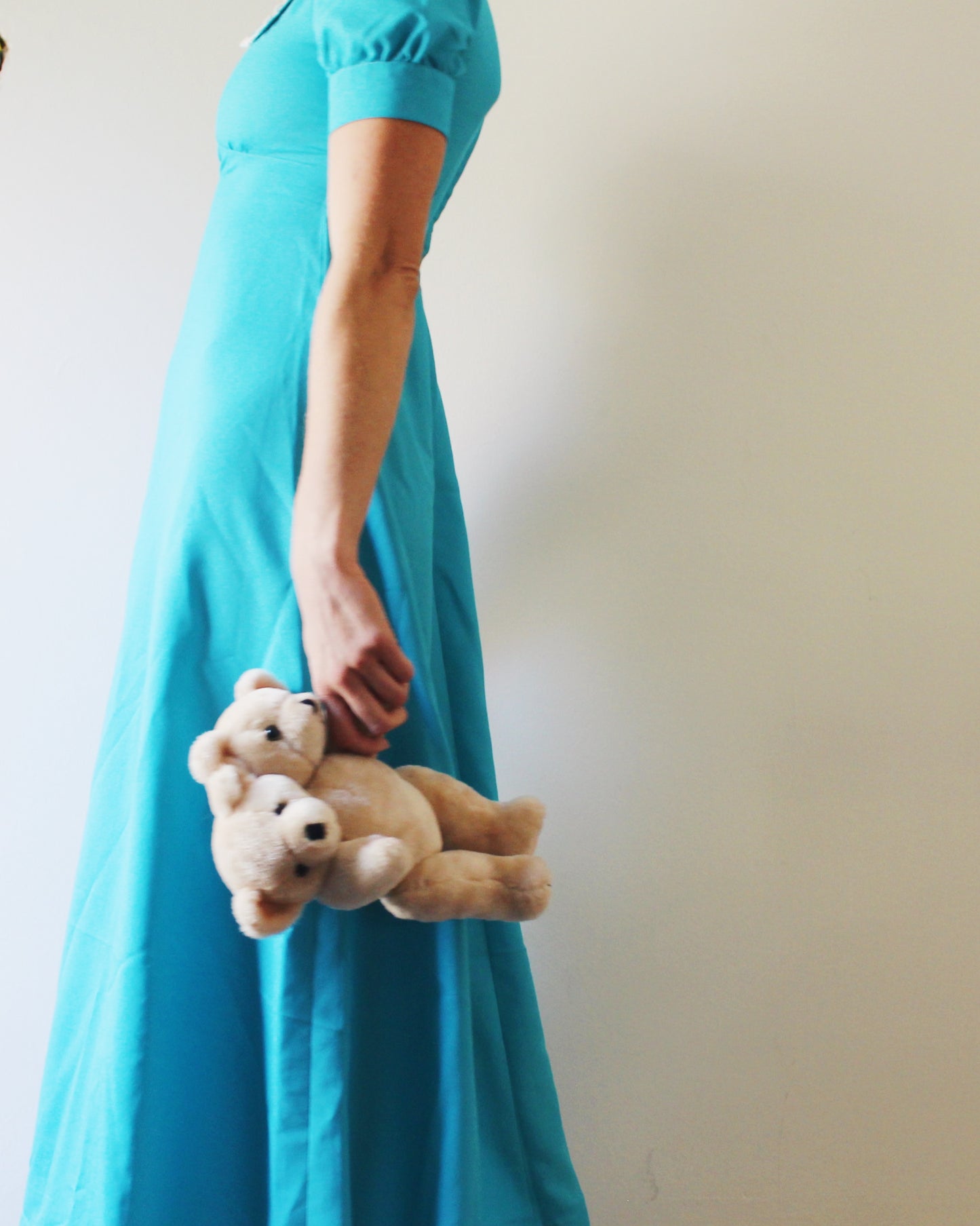 Vintage 1970s Bright Blue Dress | Handmade Maxi Dress with Scalloped Collar | Coquette Puff Sleeve Cottagecore Prairie Style