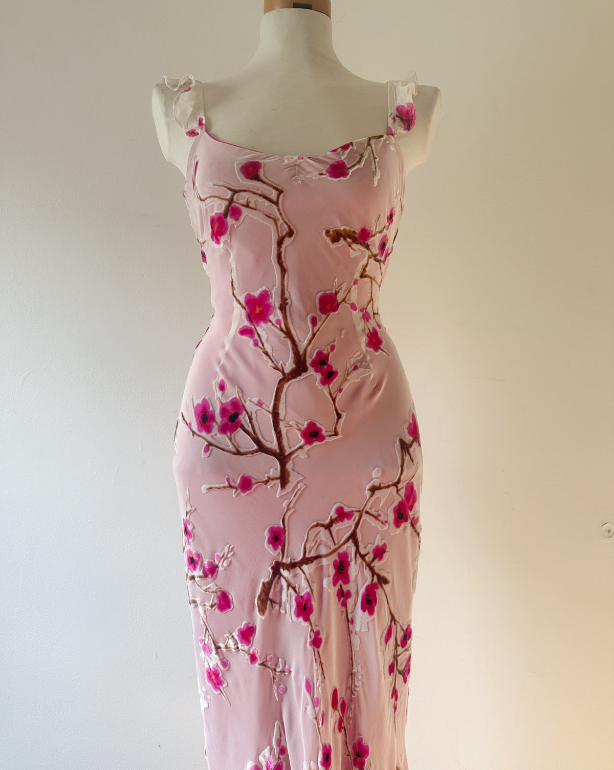 Vintage 90s Monsoon Velvet Burnout Cherry Blossom Slip Dress, Bias Cut Silk Viscose, Magenta Lining, Rare Y2K Dream Dress