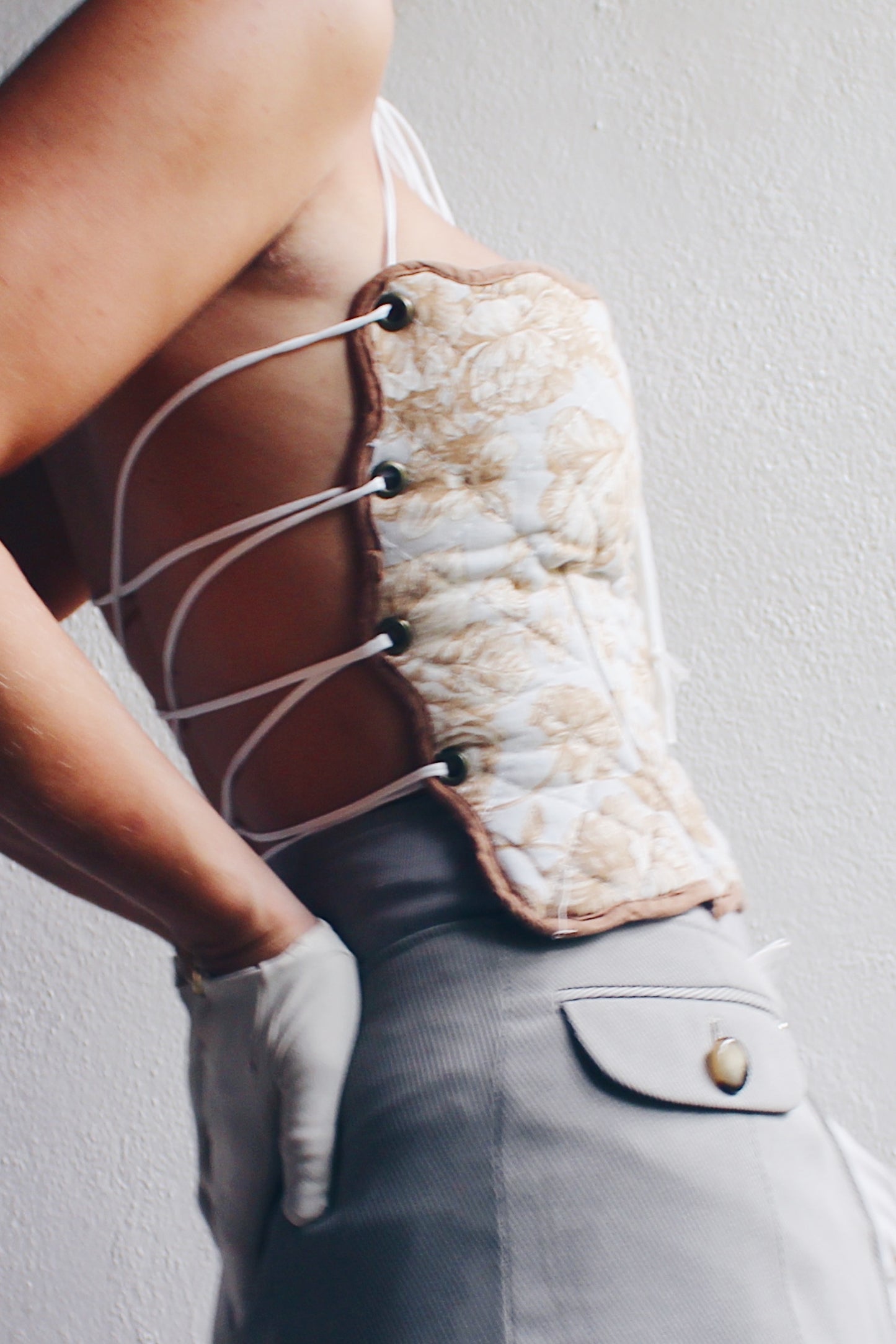 Upcycled quilted crop top / reworked vintage Placemat Tank / light blue cotton corset bib