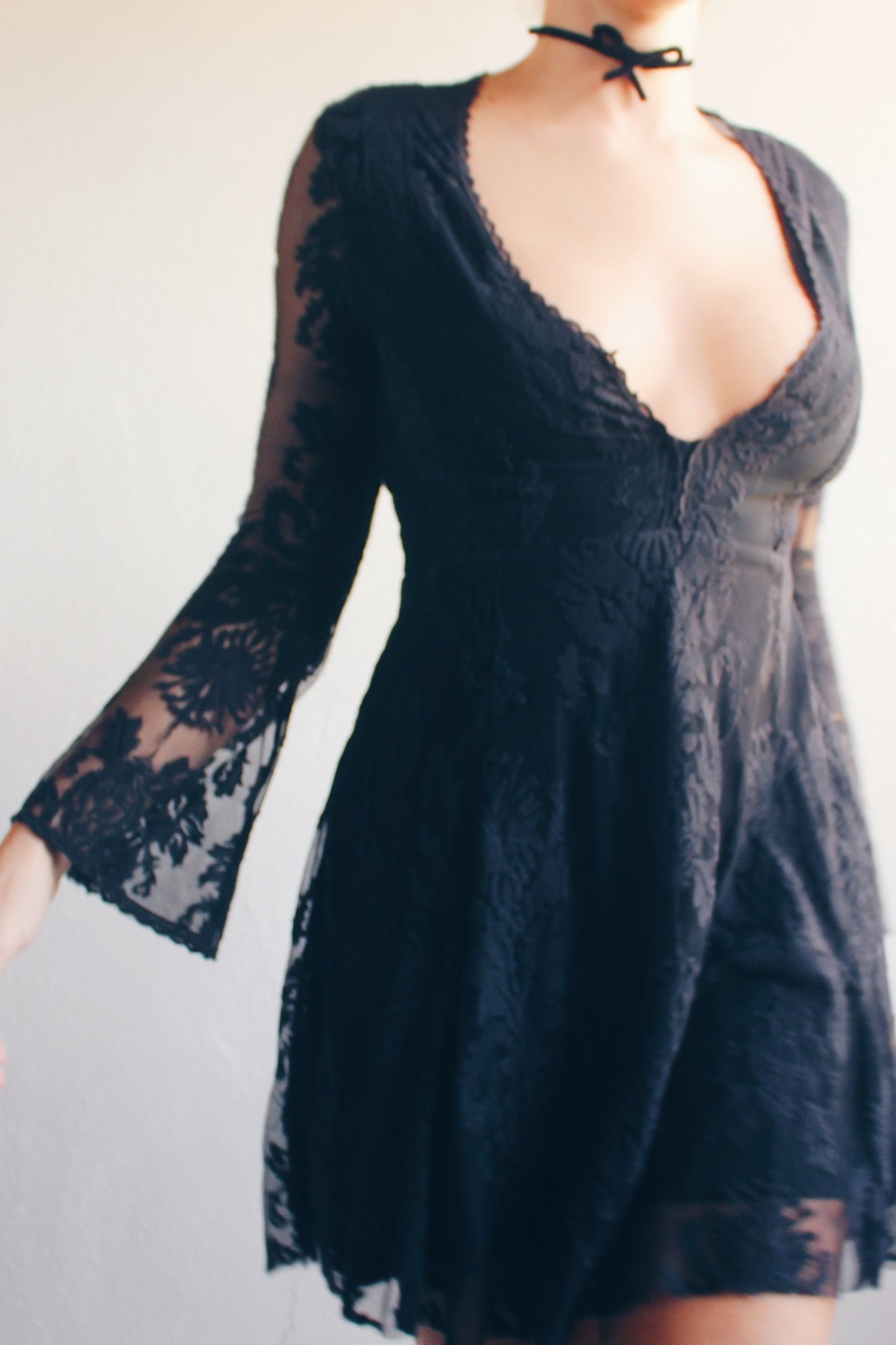 Ethereal Elegance: Vintage Black Lace Bell Sleeve Dress for Your Dark Victorian Dreams