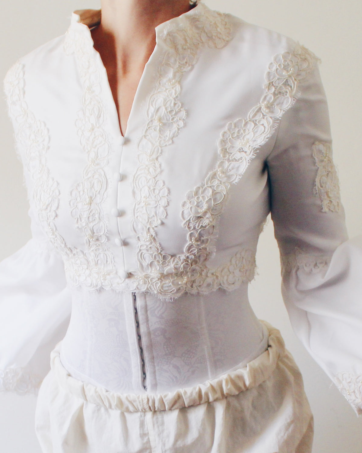 Upcycled Cropped Wedding Top, Lace Up Soft Goth Long Sleeve Blouse, Victorian Pirate Style Bell Sleeves, Made from Vintage Wedding Dress