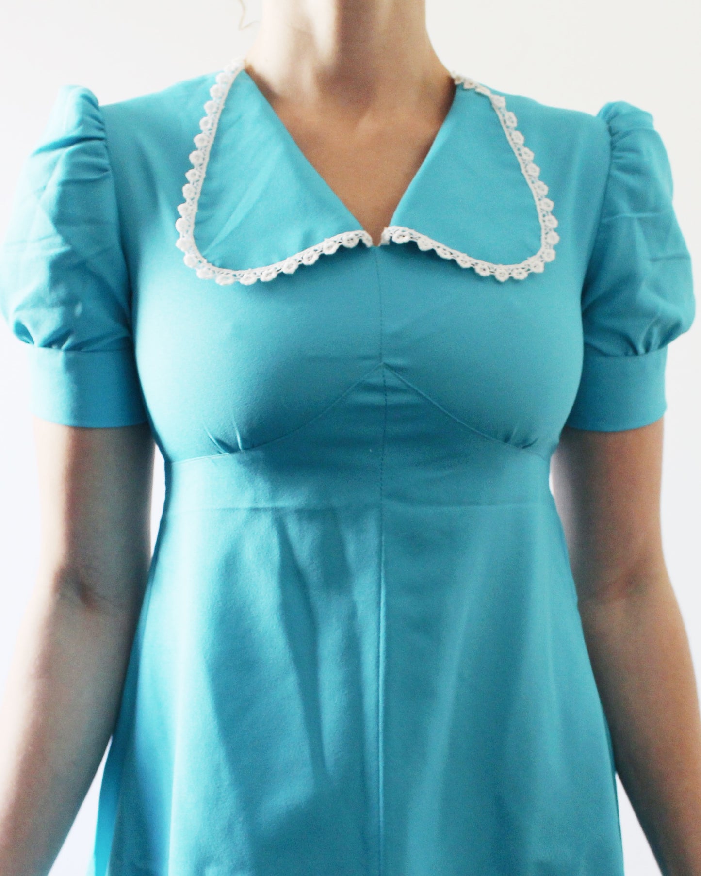Vintage 1970s Bright Blue Dress | Handmade Maxi Dress with Scalloped Collar | Coquette Puff Sleeve Cottagecore Prairie Style
