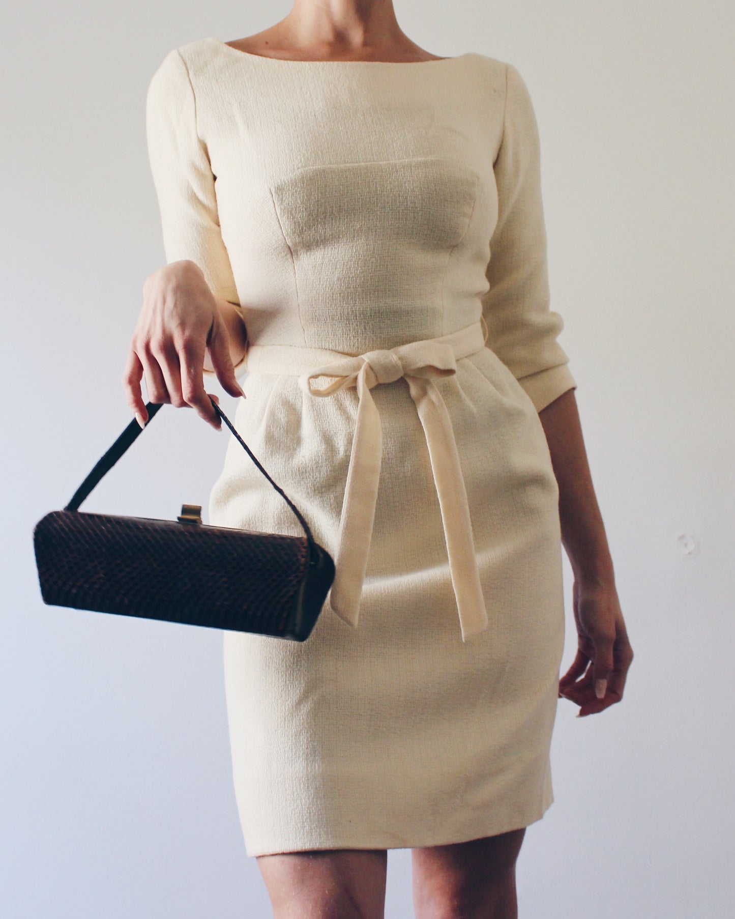 Vintage 60s Cream Wool Dress – Mod Midi with Bow Waist, ¾ Sleeves, Mad Men Style, Sophisticated Retro