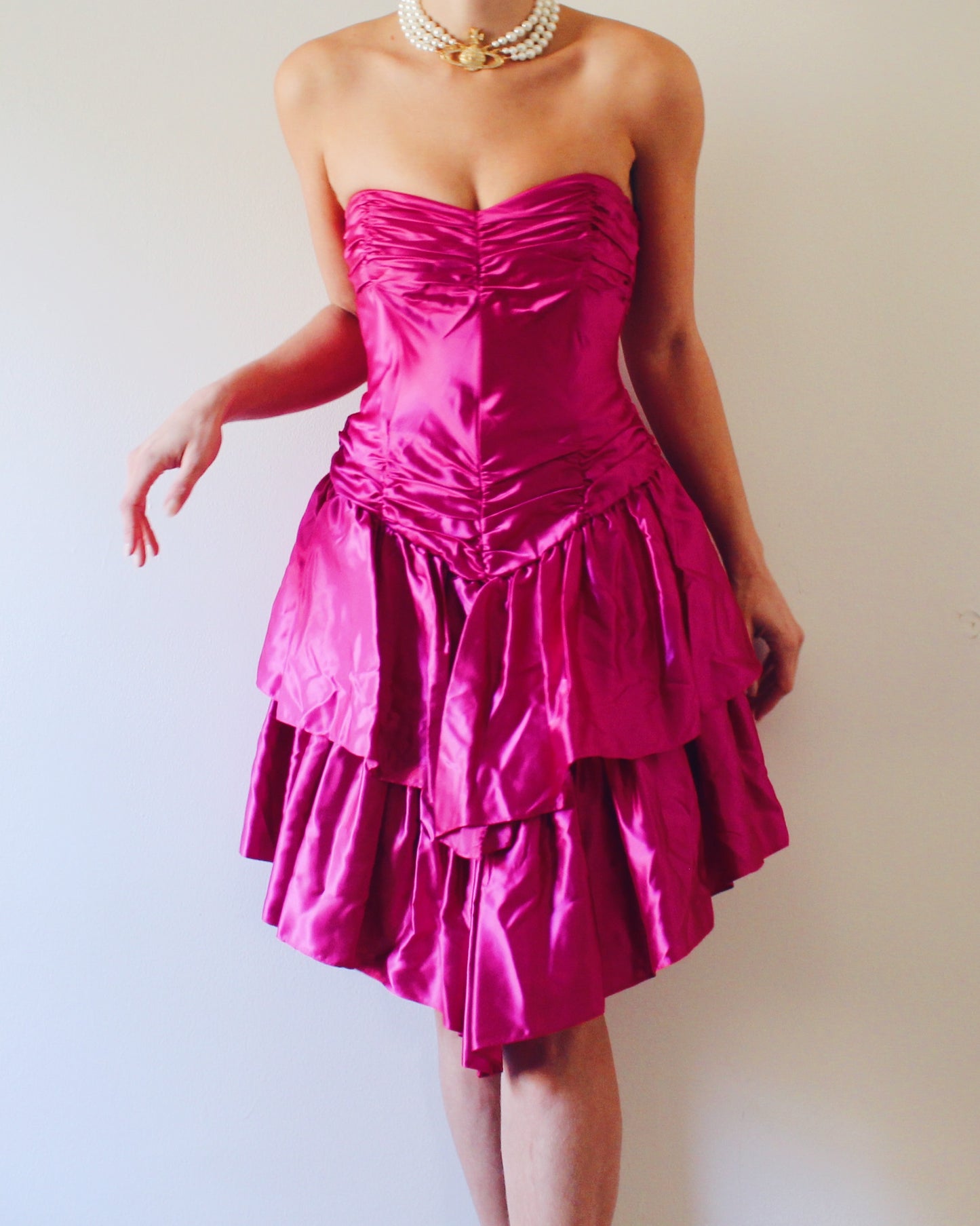 Vintage 1980s Bright Pink Mini Dress – Sleek Formal Cocktail Dress with 80s Statement Style Vintage 1960s Coquette Pink Tiered Tulle Gown