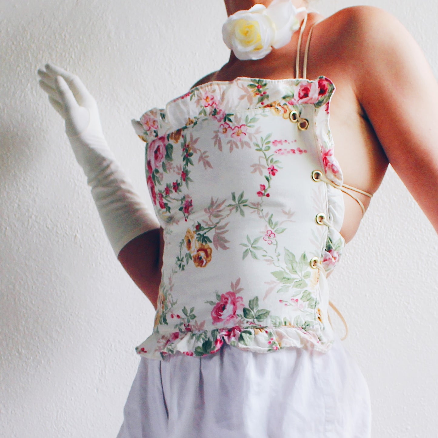 Upcycled Floral Ruffle Crop Top - Vintage Coquette Style with Adjustable Elastic Straps | Perfect for Tea Parties