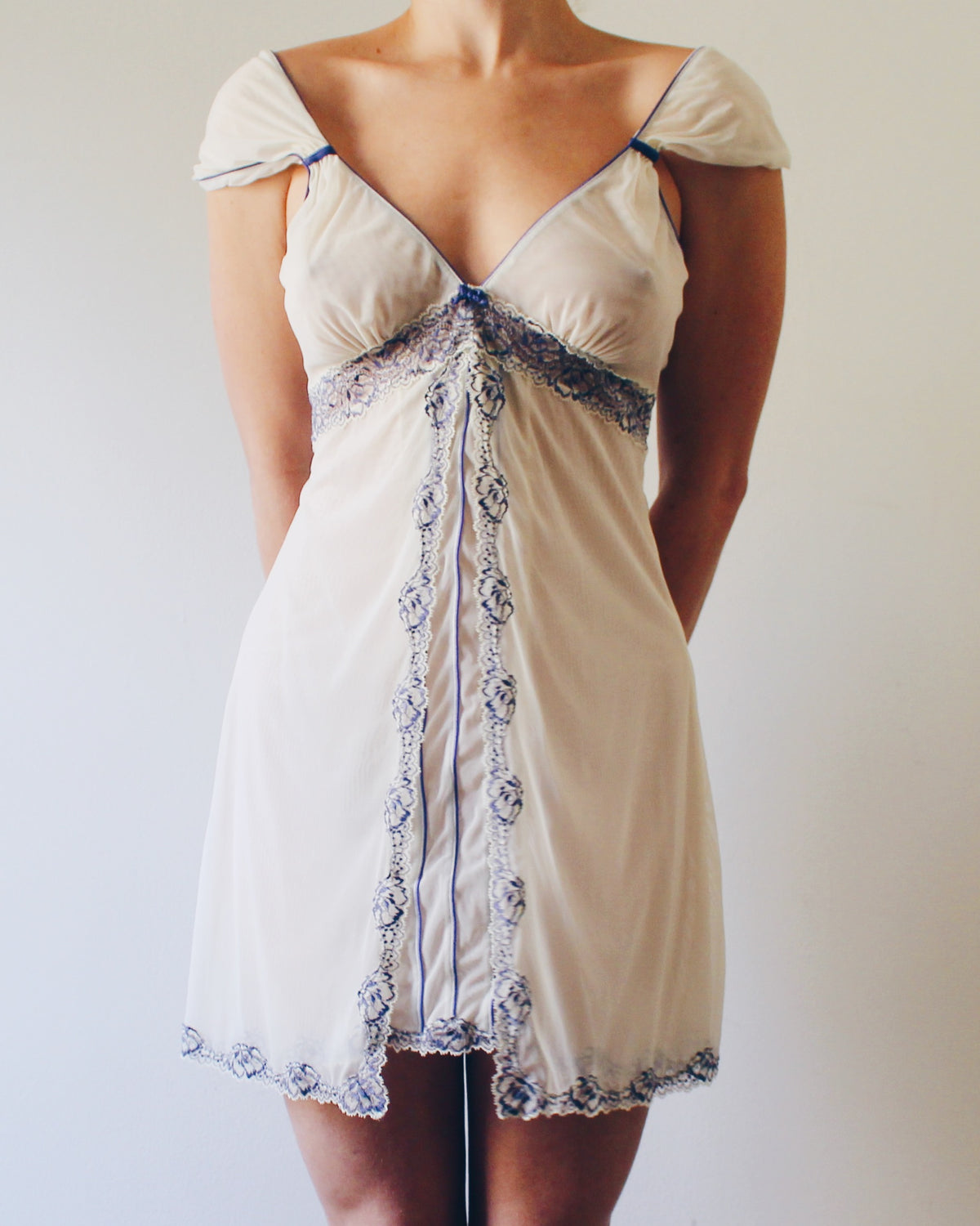 Y2K Cream Empire Waist Slip Dress with Violet Lace, Whimsygoth Soft Goth Style, Can Be Worn as Day Dress or Intimate Piece