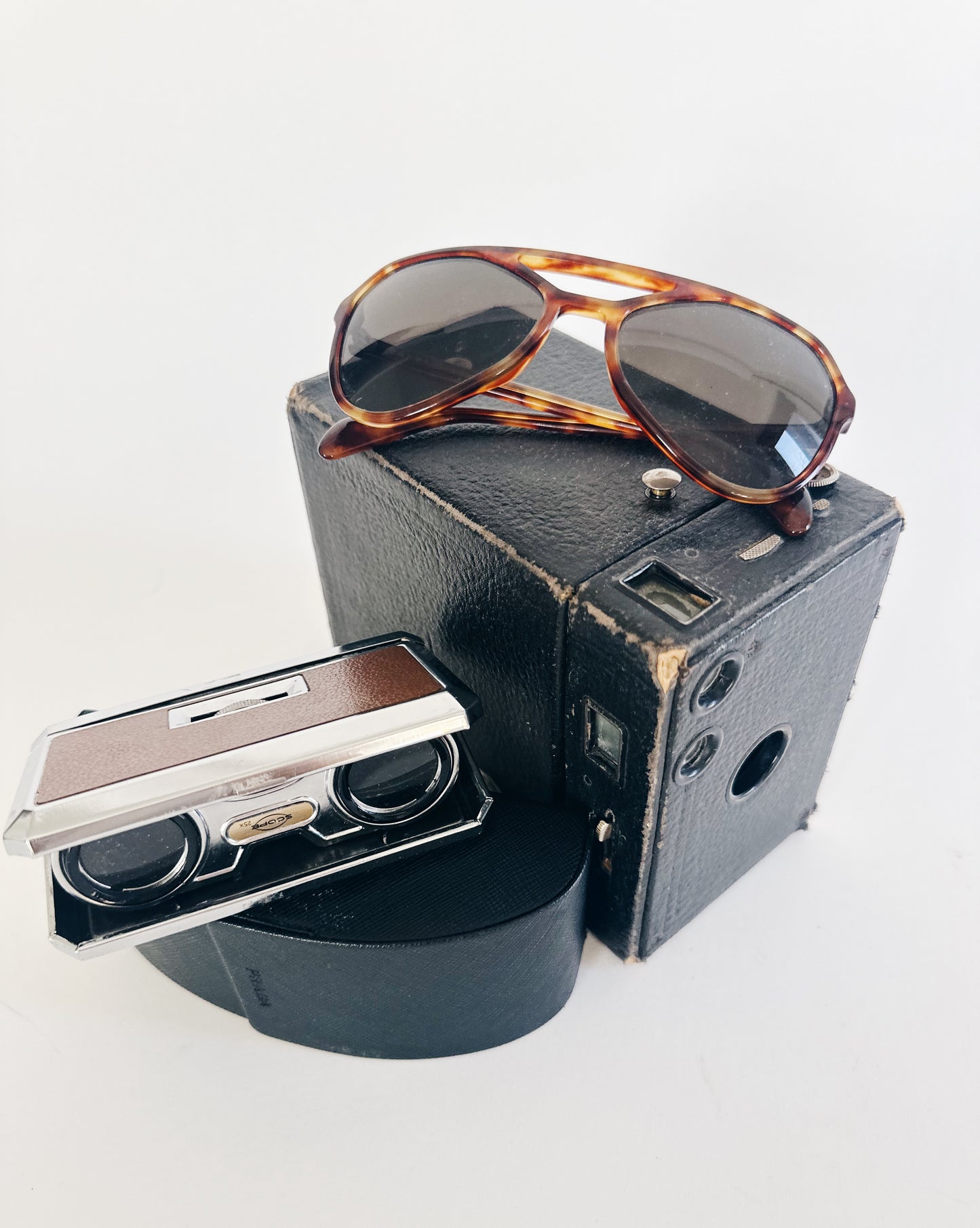 Vintage Prada Tortoise Shell Sunglasses – 70s Inspired Brown Designer Shades with Leather Case